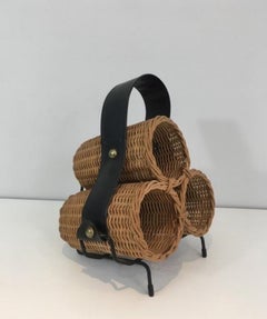 Rattan, Black lacquered Metal and Faux-leather Bottles Rack