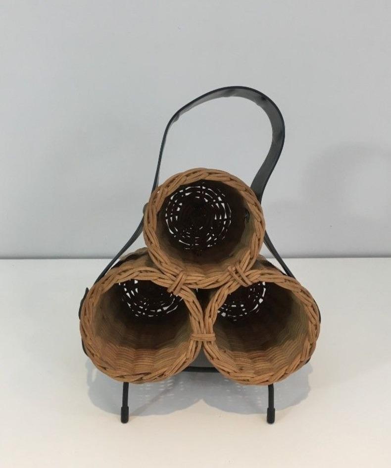 Mid-Century Modern Rattan, Black lacquered Metal and Faux-leather Bottles Rack For Sale