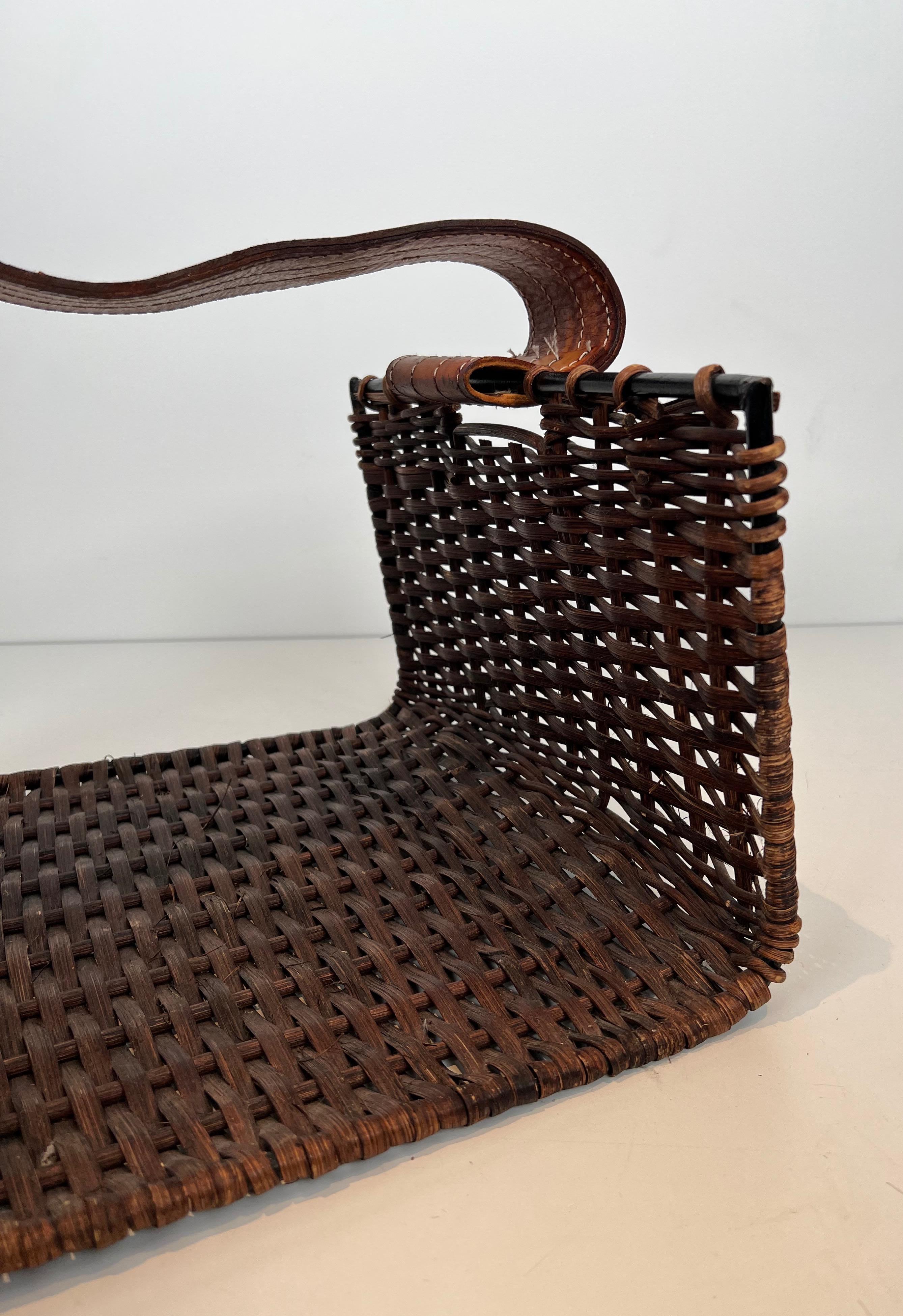 Rattan, Black Lacquered Metal and Leather Logs Holder. French. Circa 1970 For Sale 10