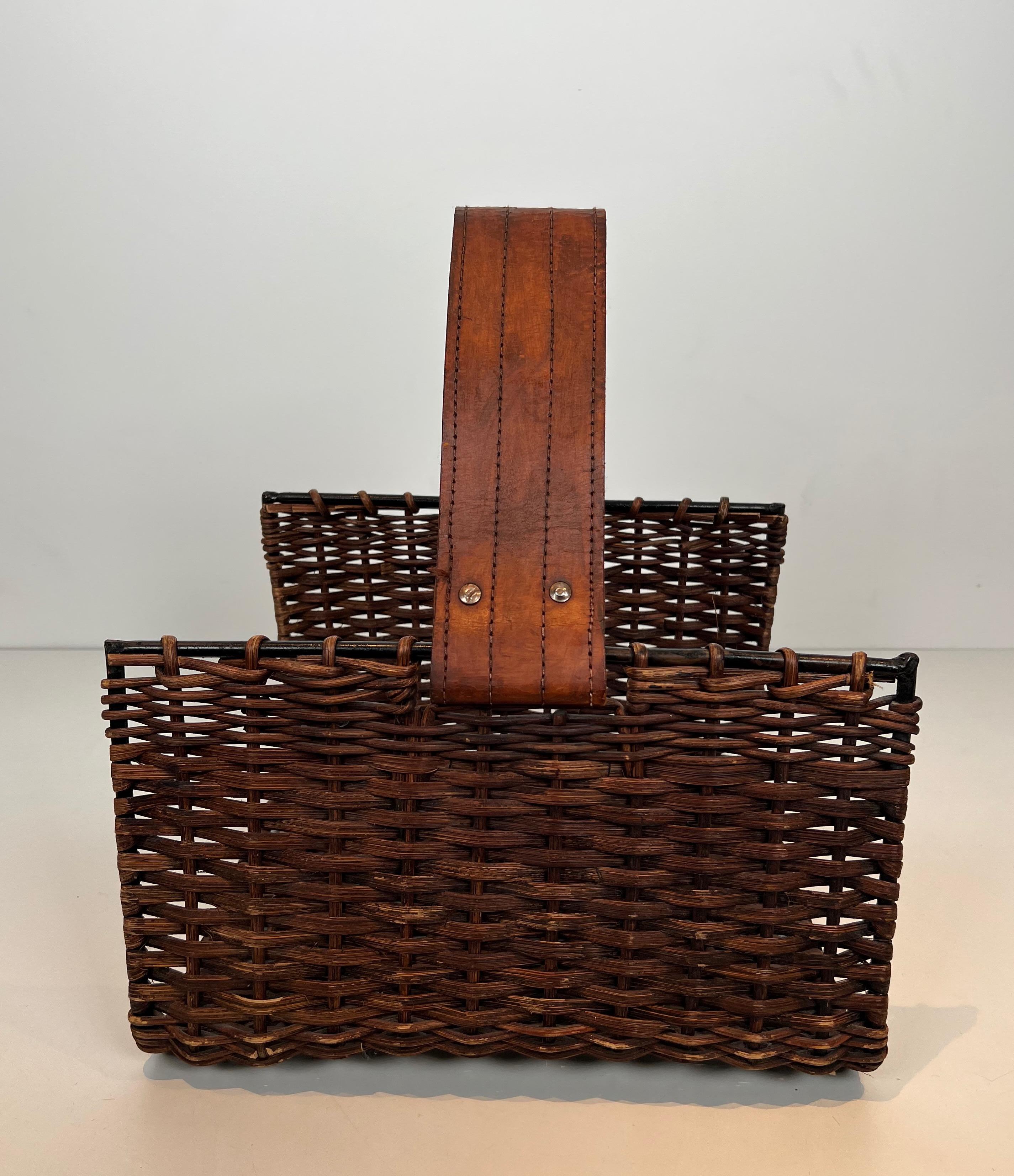 Late 20th Century Rattan, Black Lacquered Metal and Leather Logs Holder. French. Circa 1970 For Sale