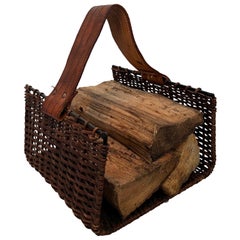 Rattan, Black Lacquered Metal and Leather Logs Holder. French. Circa 1970