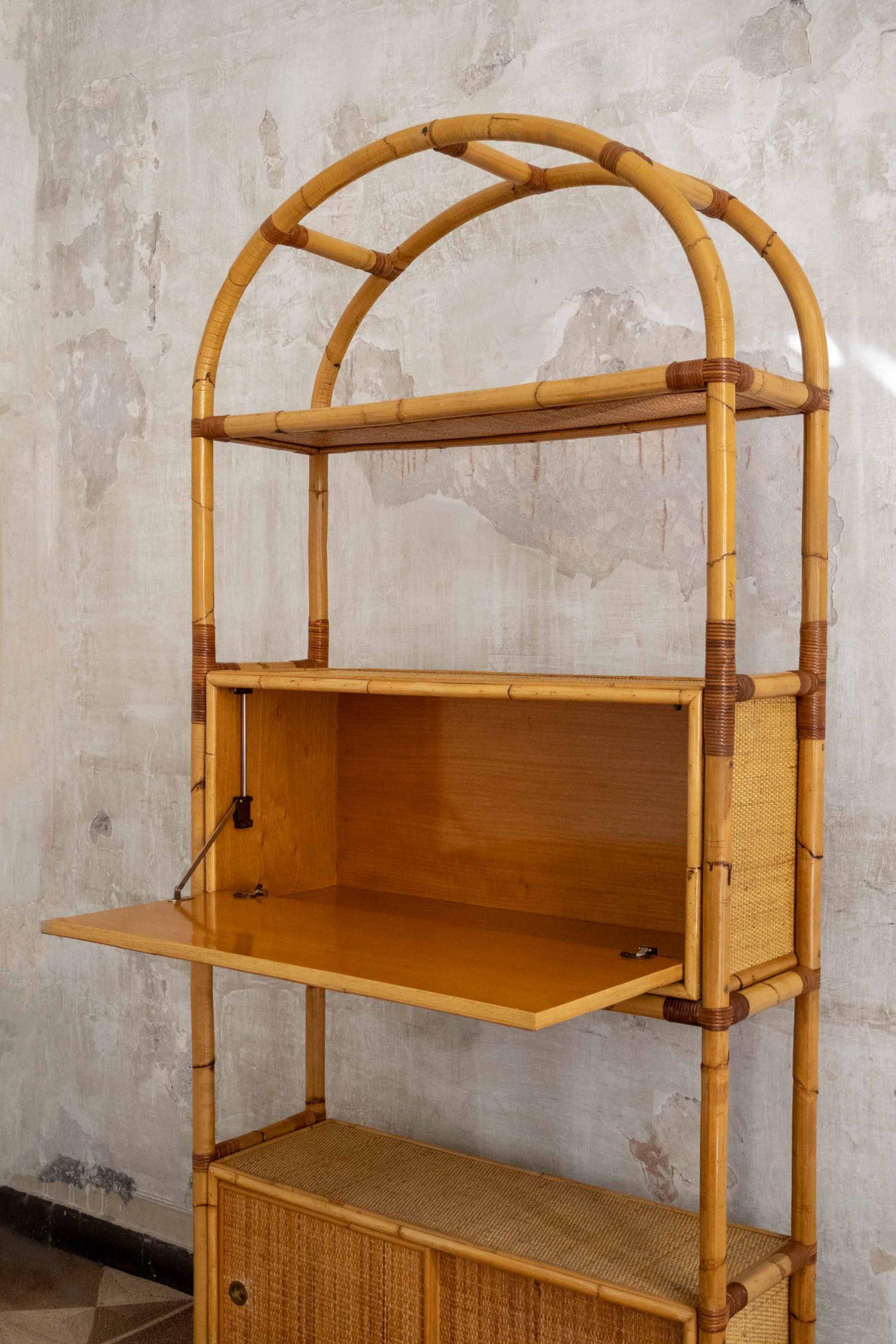 Rattan Bookcase with Drop-Down Desk – 1950s
Product Details
Dimensions: 96 W x 208 H x 30 D cm