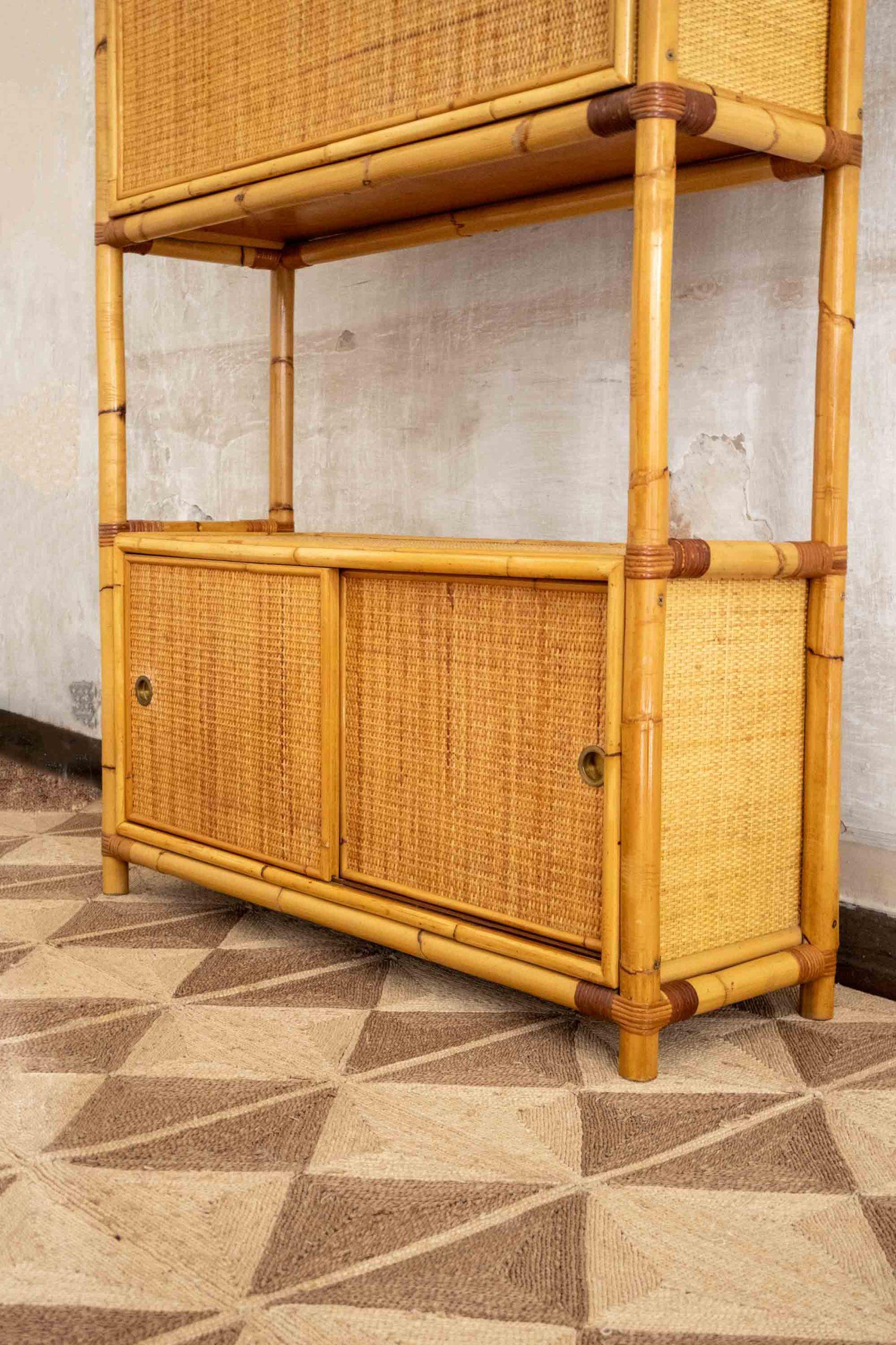 Italian Rattan Bookcase with Drop-Down Desk – 1950s For Sale