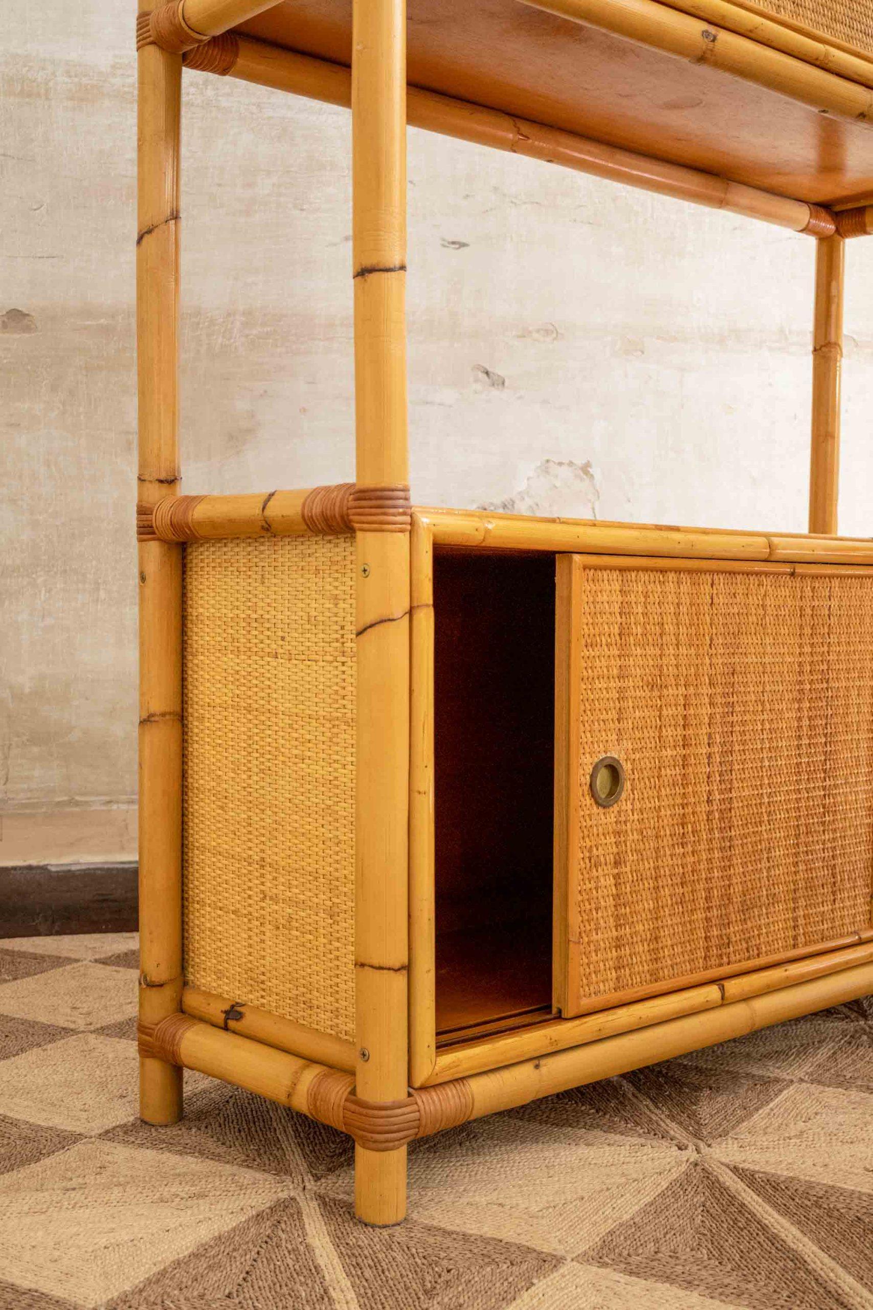 Rattan Bookcase with Drop-Down Desk – 1950s In Good Condition For Sale In Roma, RM