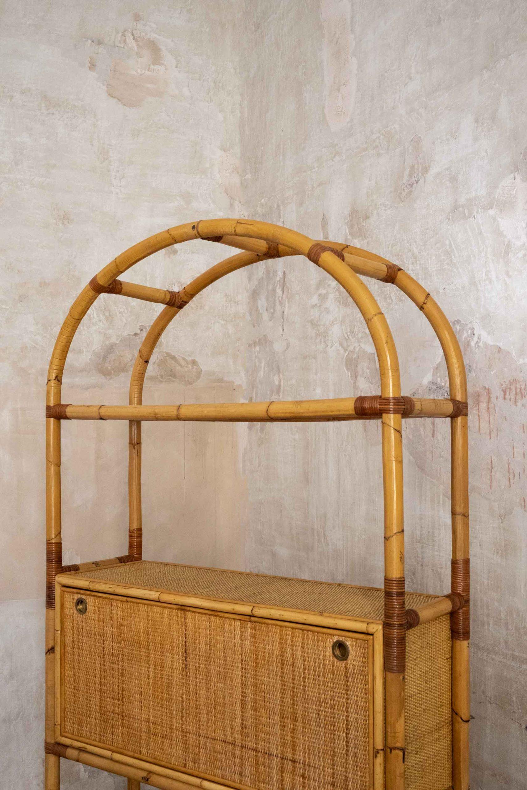 Mid-20th Century Rattan Bookcase with Drop-Down Desk – 1950s For Sale