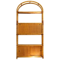Vintage Rattan Bookcase with Drop-Down Desk – 1950s