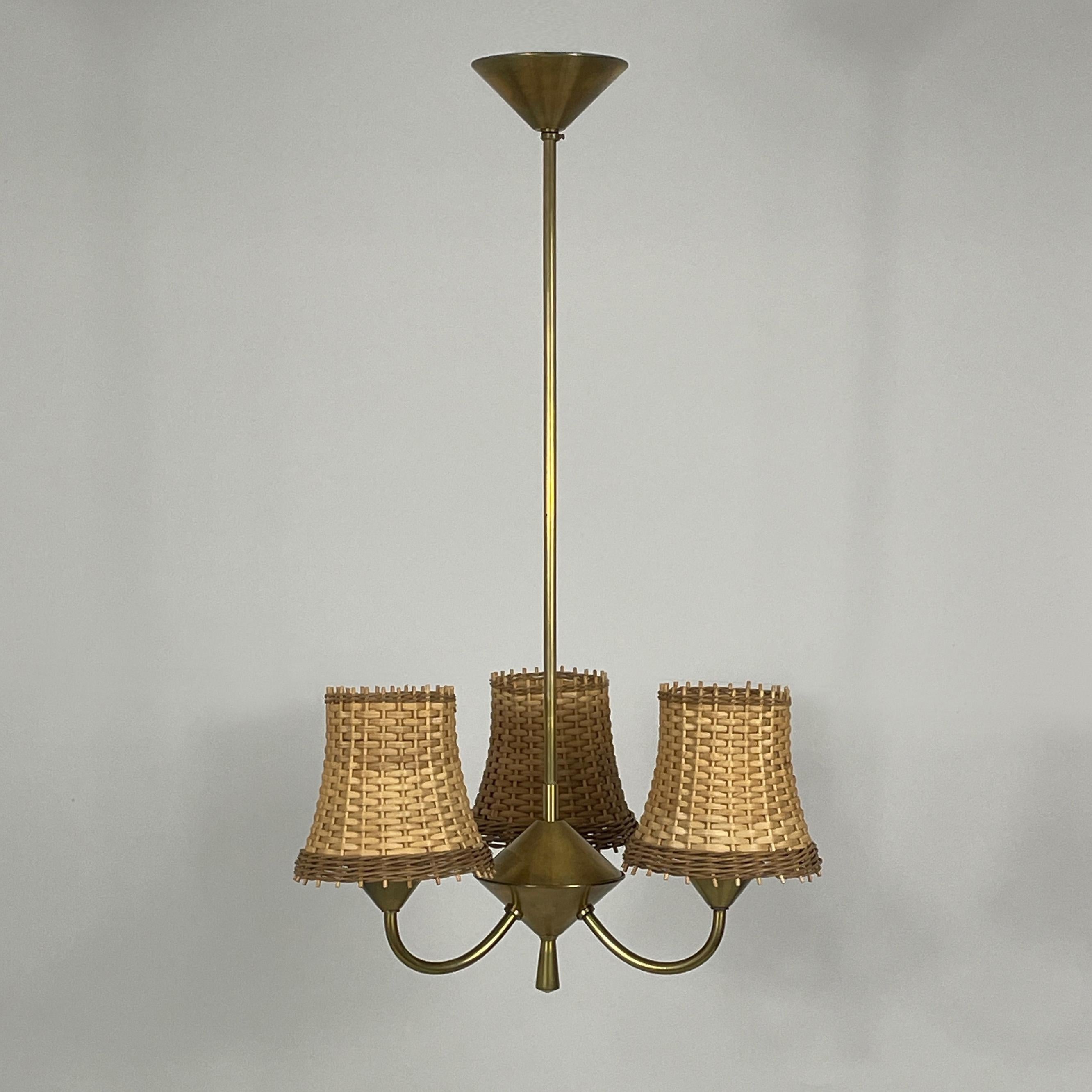Rattan & Brass 3-Light Chandelier, Austria 1950s 5
