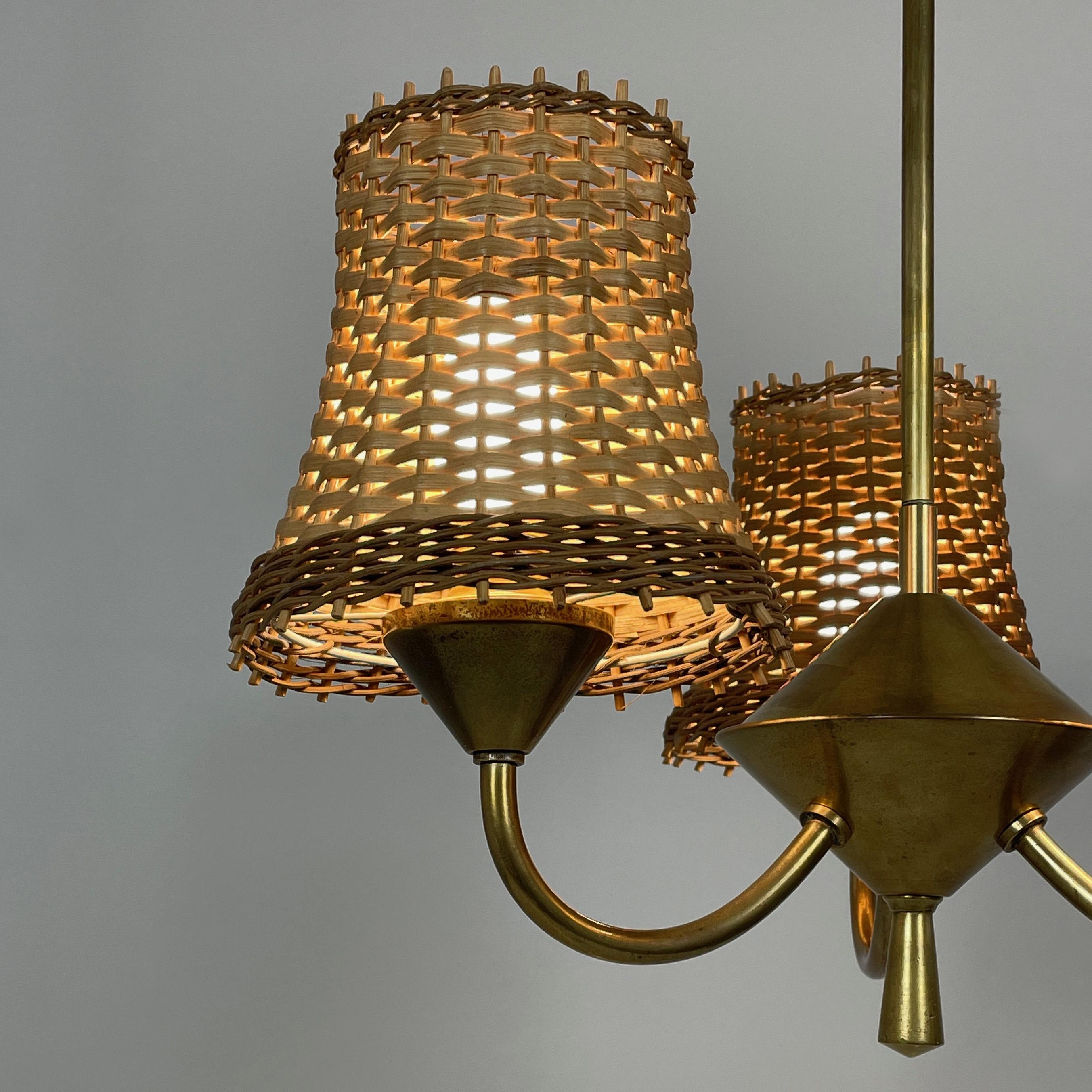 Rattan & Brass 3-Light Chandelier, Austria 1950s 7