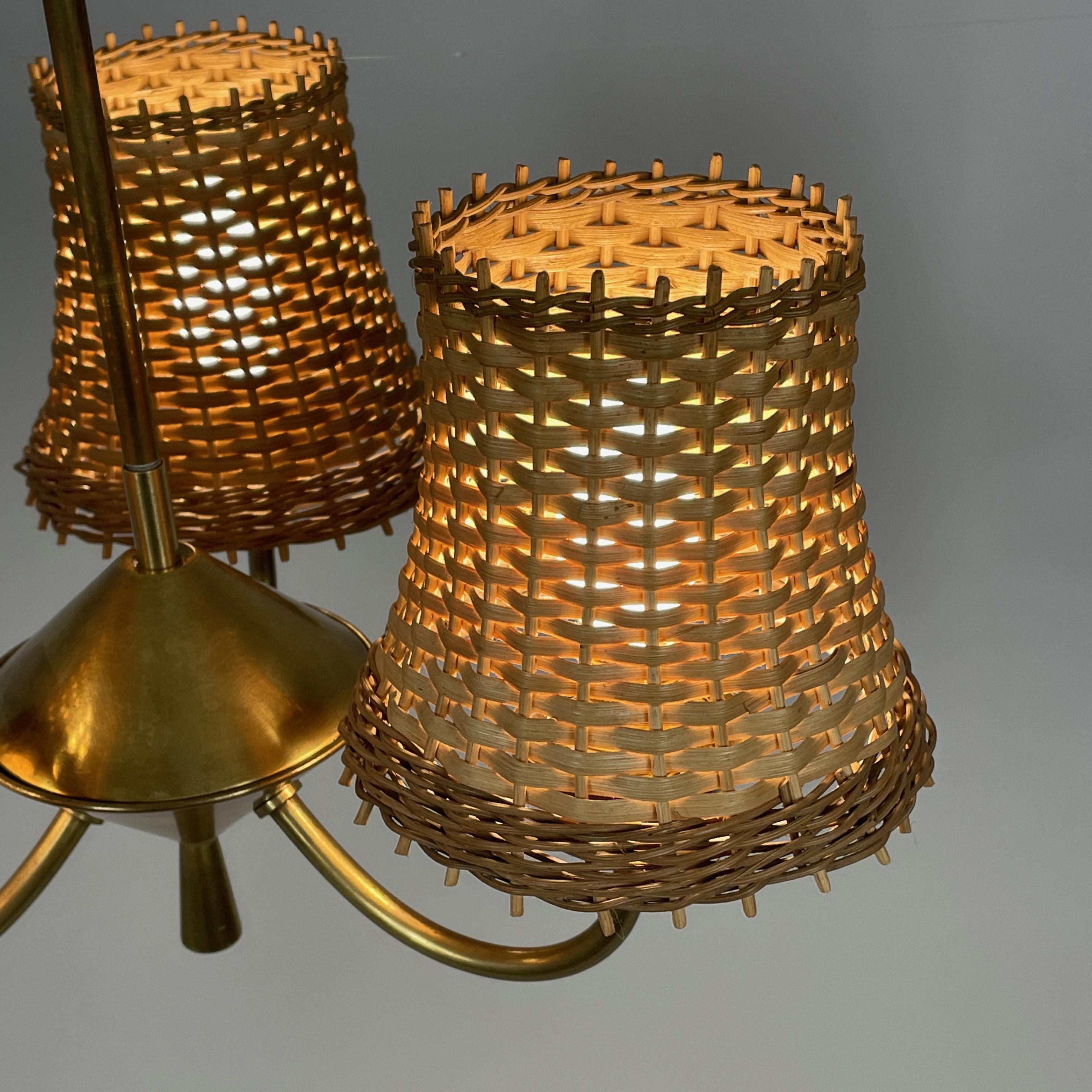 Rattan & Brass 3-Light Chandelier, Austria 1950s 8