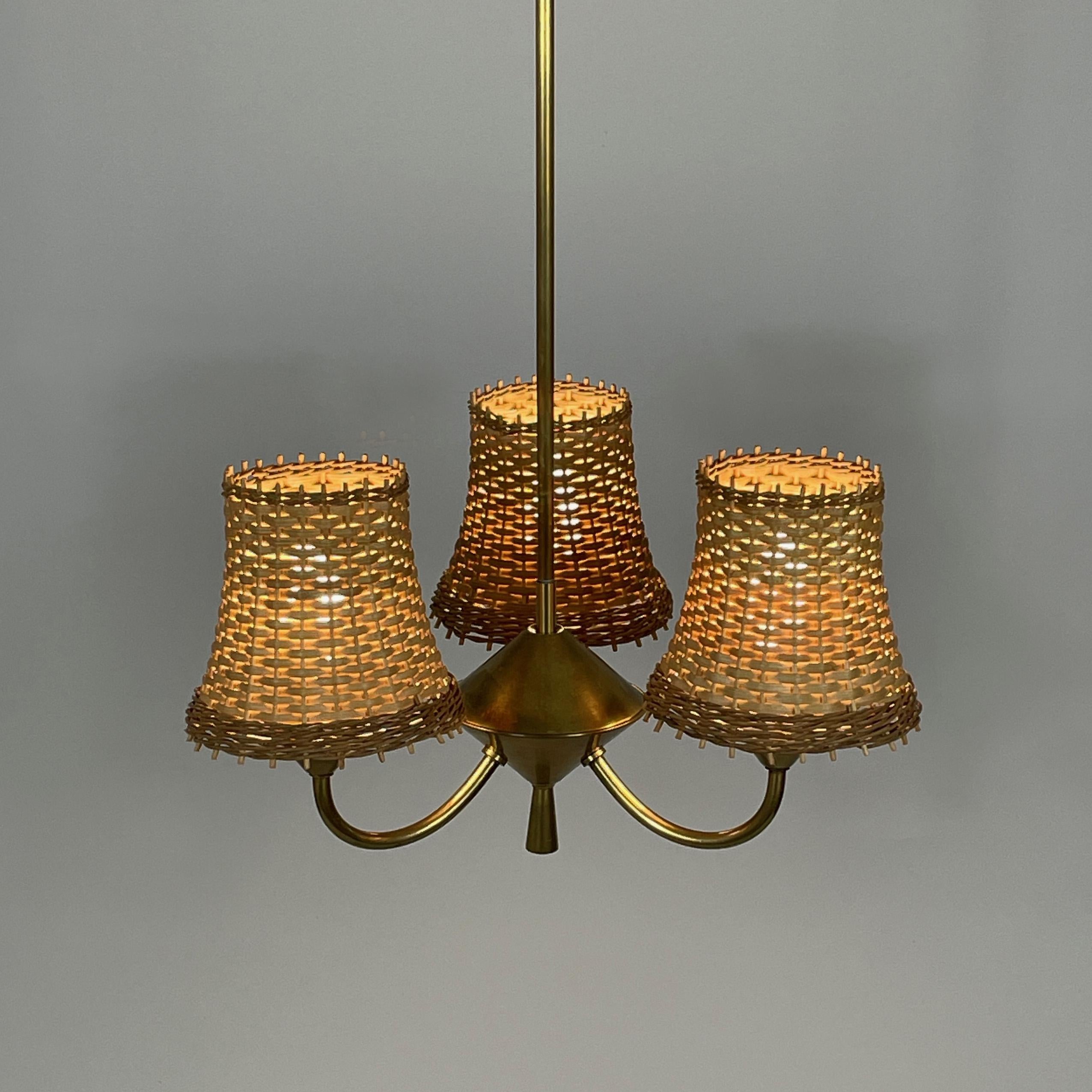 Rattan & Brass 3-Light Chandelier, Austria 1950s 9