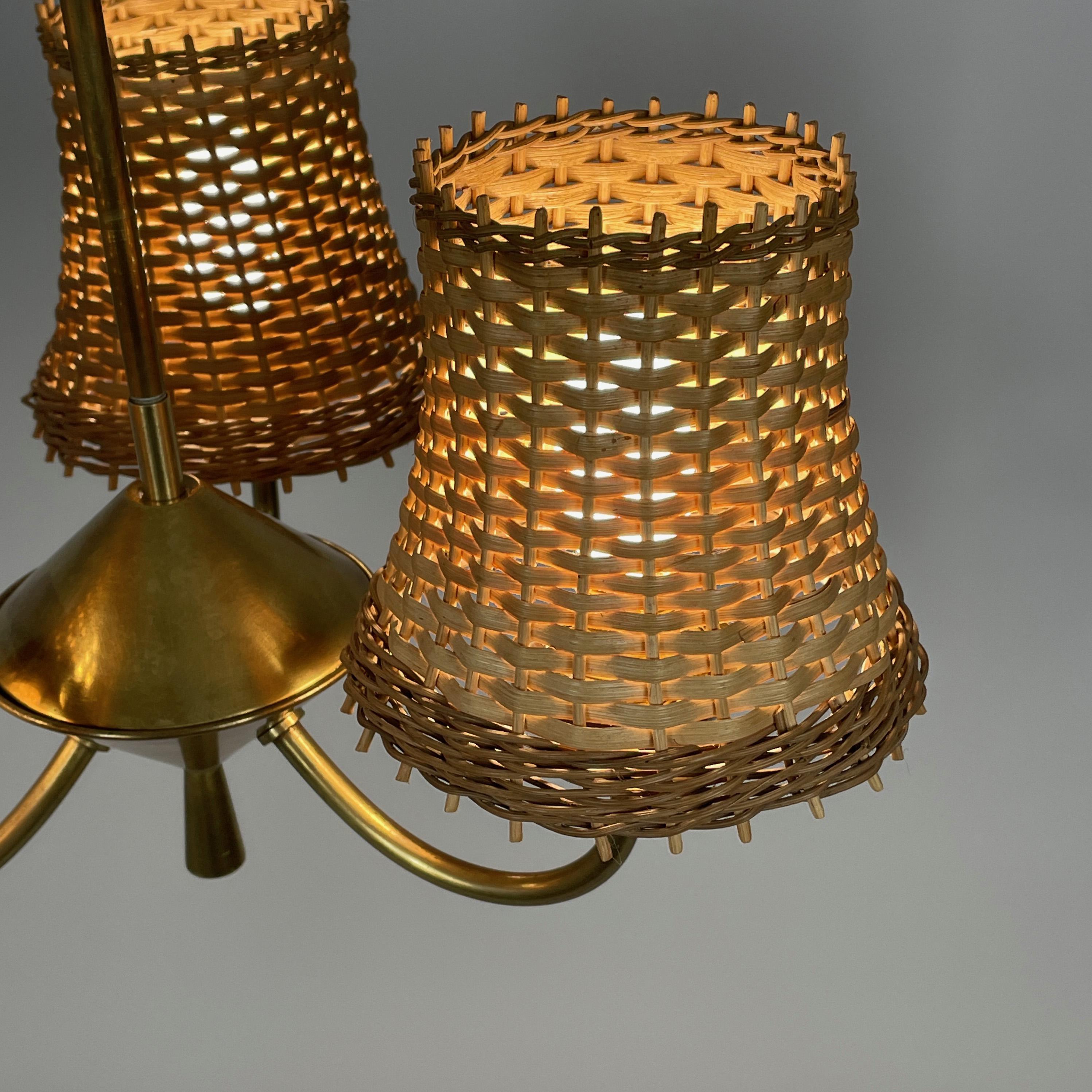 Rattan & Brass 3-Light Chandelier, Austria 1950s 10