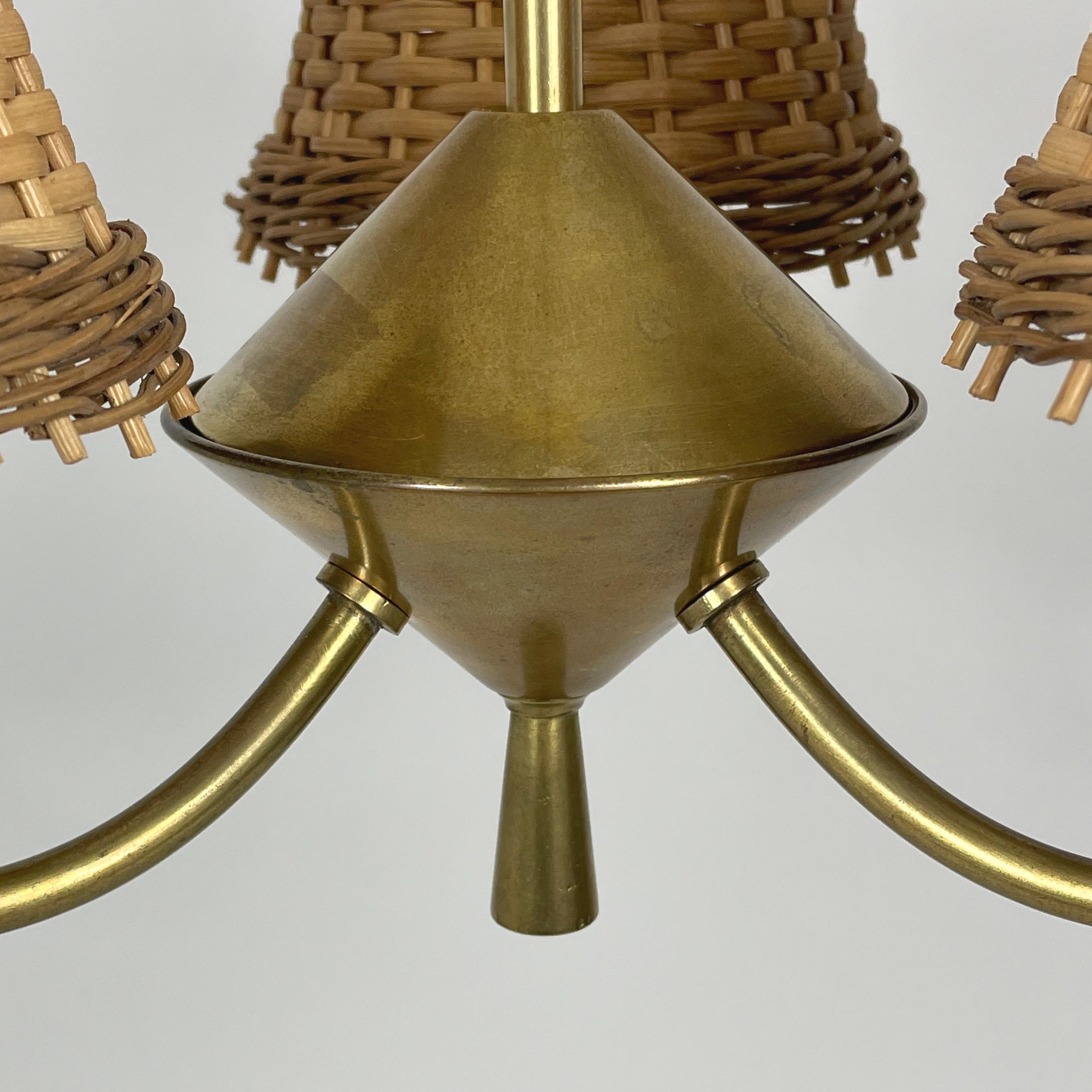 Austrian Rattan & Brass 3-Light Chandelier, Austria 1950s