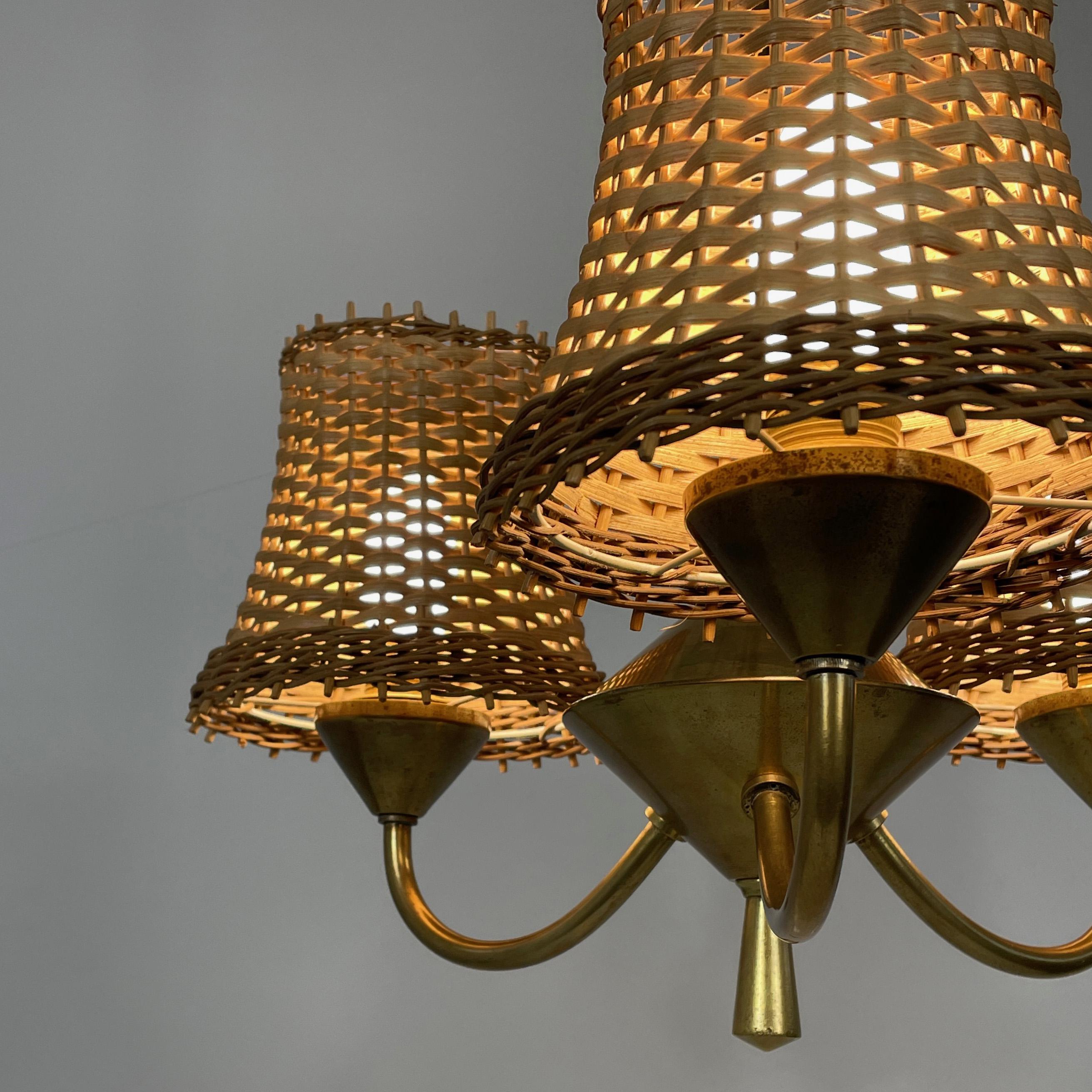 Mid-20th Century Rattan & Brass 3-Light Chandelier, Austria 1950s