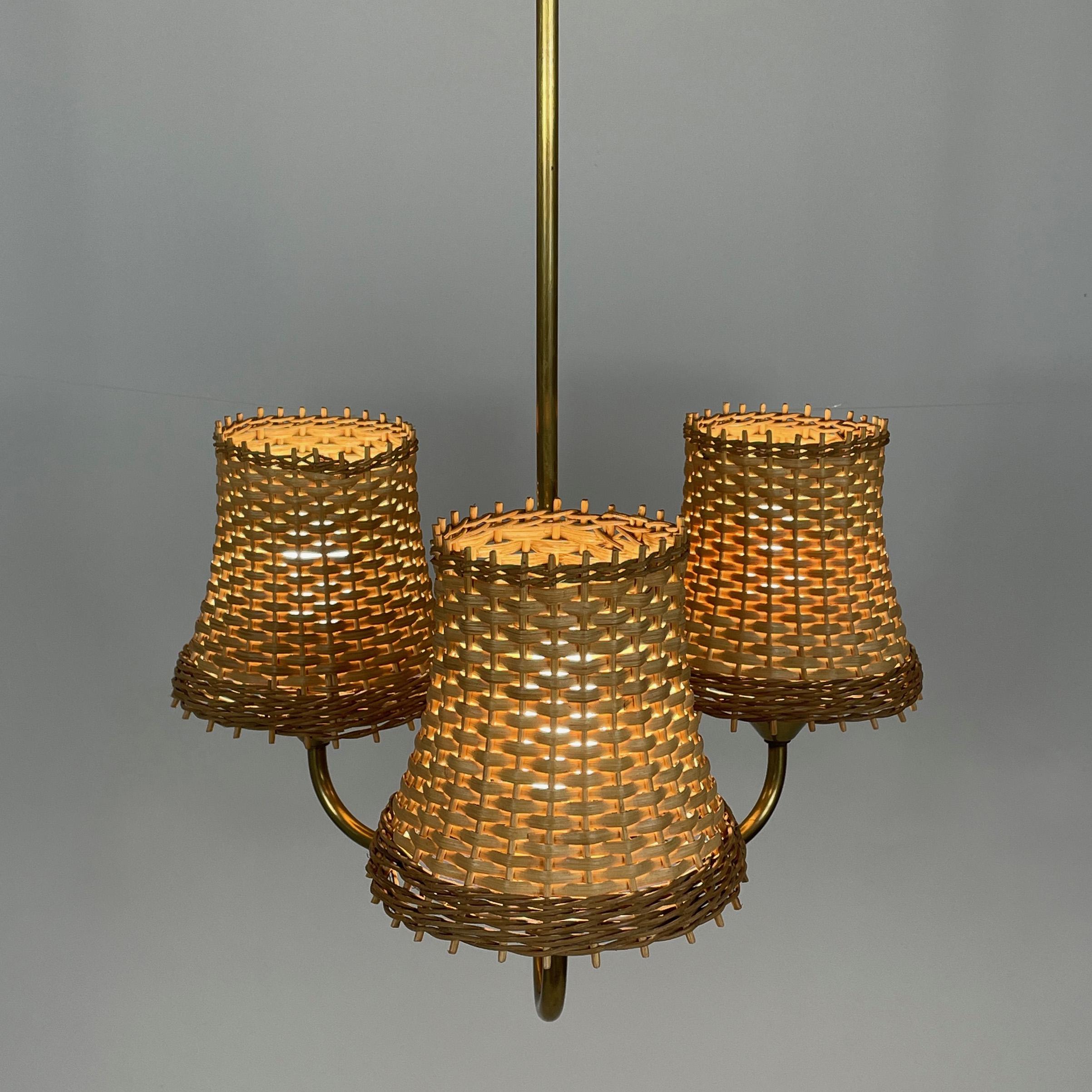 Rattan & Brass 3-Light Chandelier, Austria 1950s 1