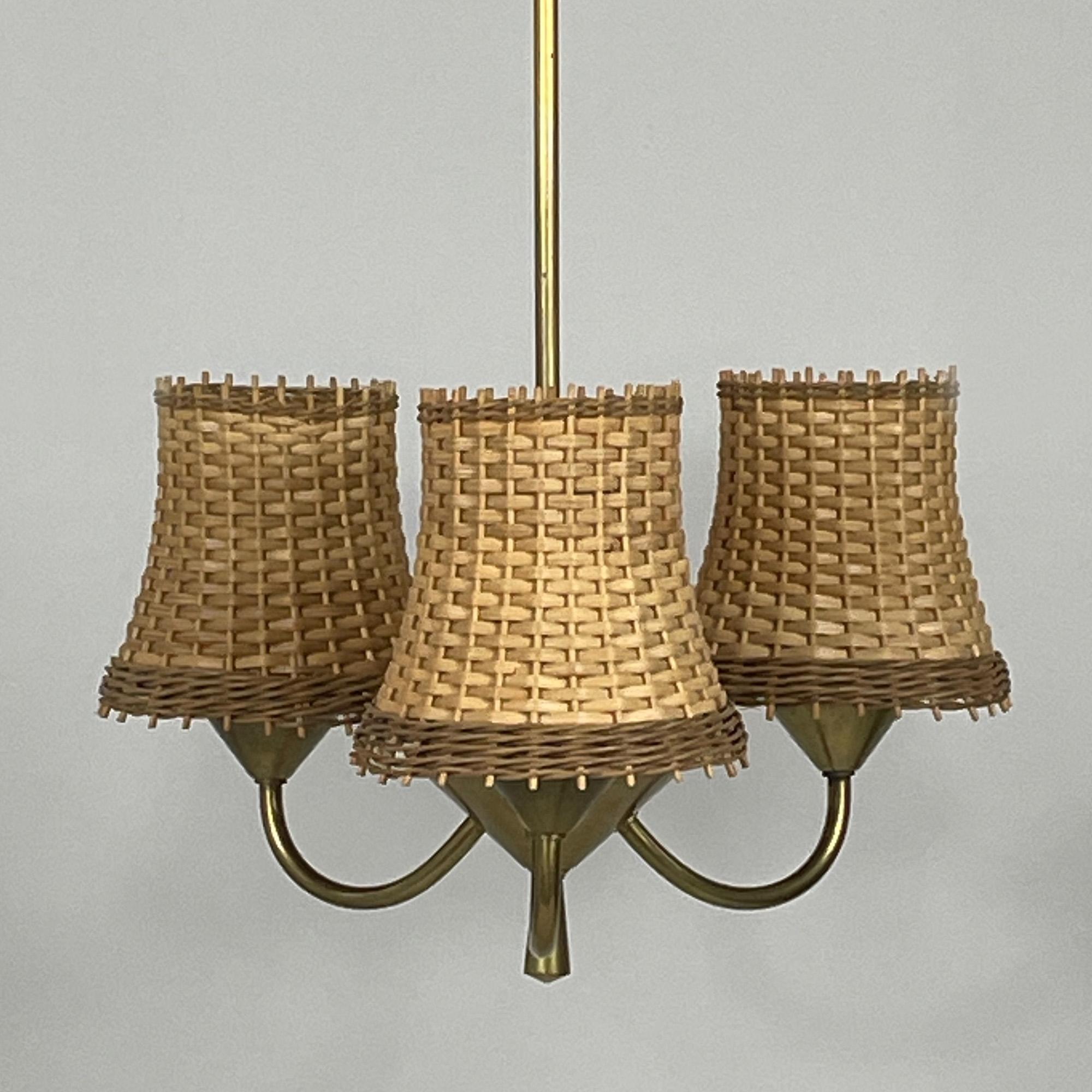Rattan & Brass 3-Light Chandelier, Austria 1950s 2
