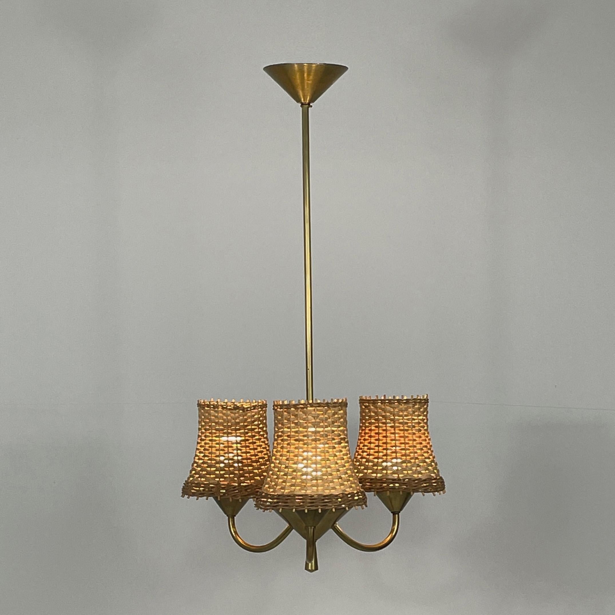 Rattan & Brass 3-Light Chandelier, Austria 1950s 3