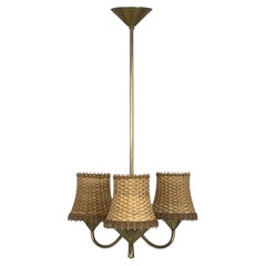 Rattan & Brass 3-Light Chandelier, Austria 1950s