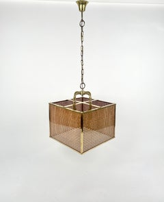 Rattan, Brass and Glass Chandelier Four-Light, Italy 1970s