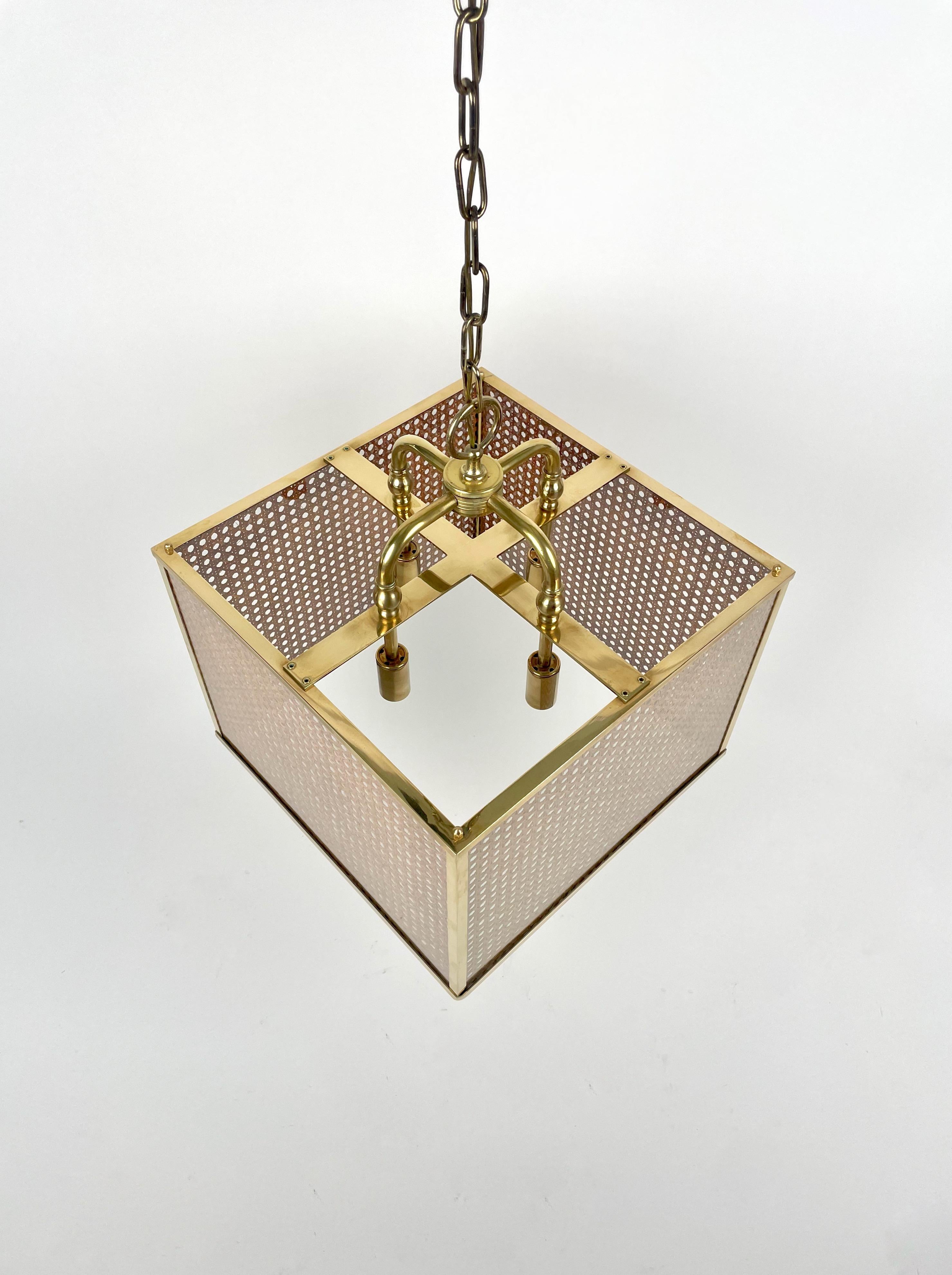 Metal Rattan, Brass and Glass Chandelier Four-Light, Italy 1970s For Sale