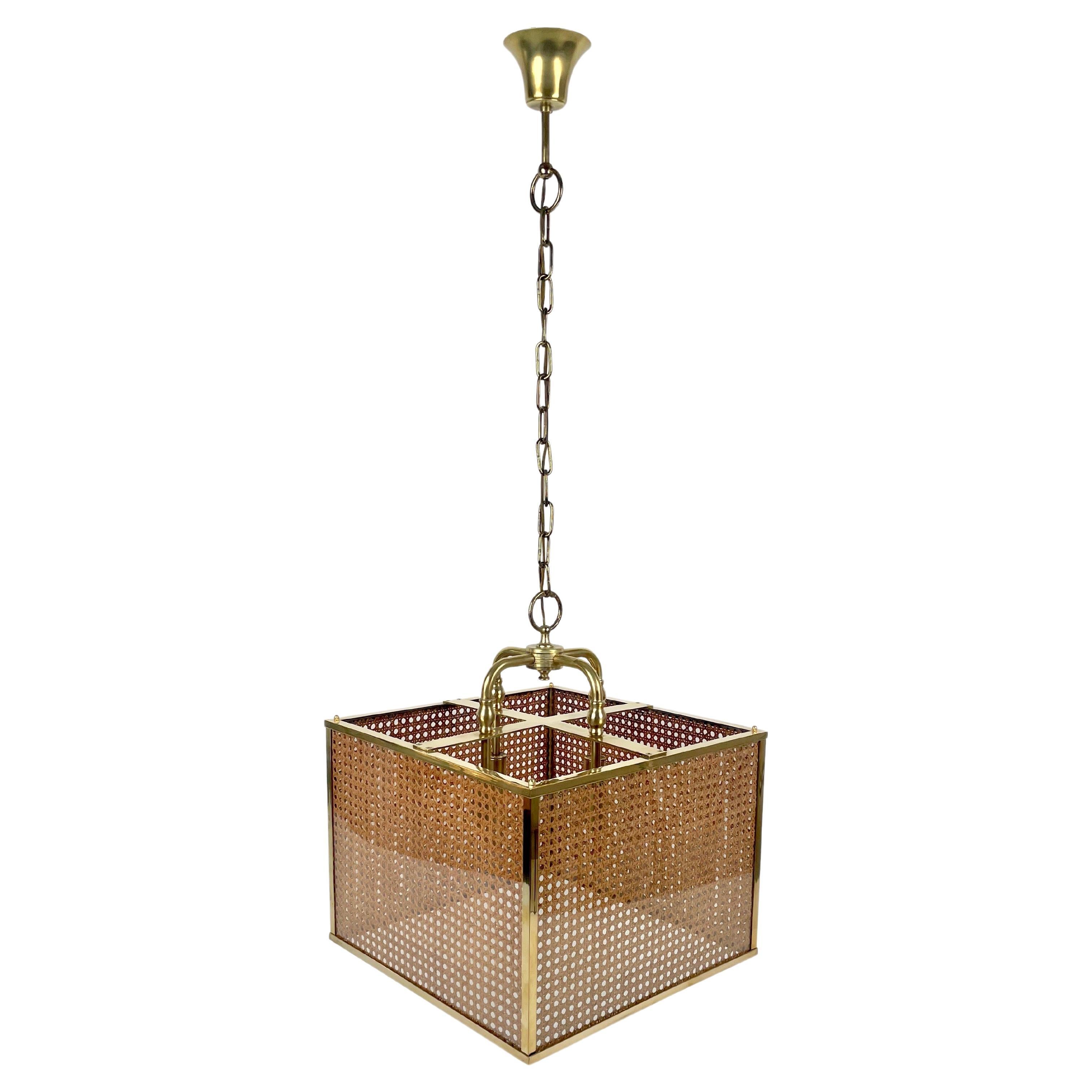 Rattan, Brass and Glass Chandelier Four-Light, Italy 1970s For Sale