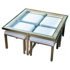 Rattan, Brass and Glass Coffee Table with White Stools