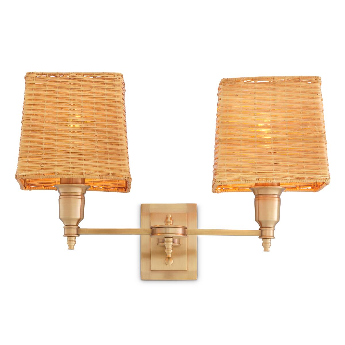 Hand-Crafted Rattan Brass Double Wall Lamp For Sale
