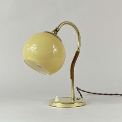 Rattan, Brass & Opaline Glass Table Lamp, Sweden 1950s