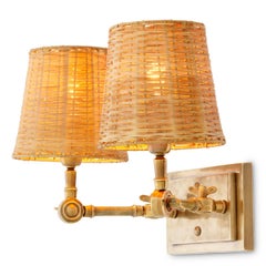 Rattan Brass Round Double Wall Lamp