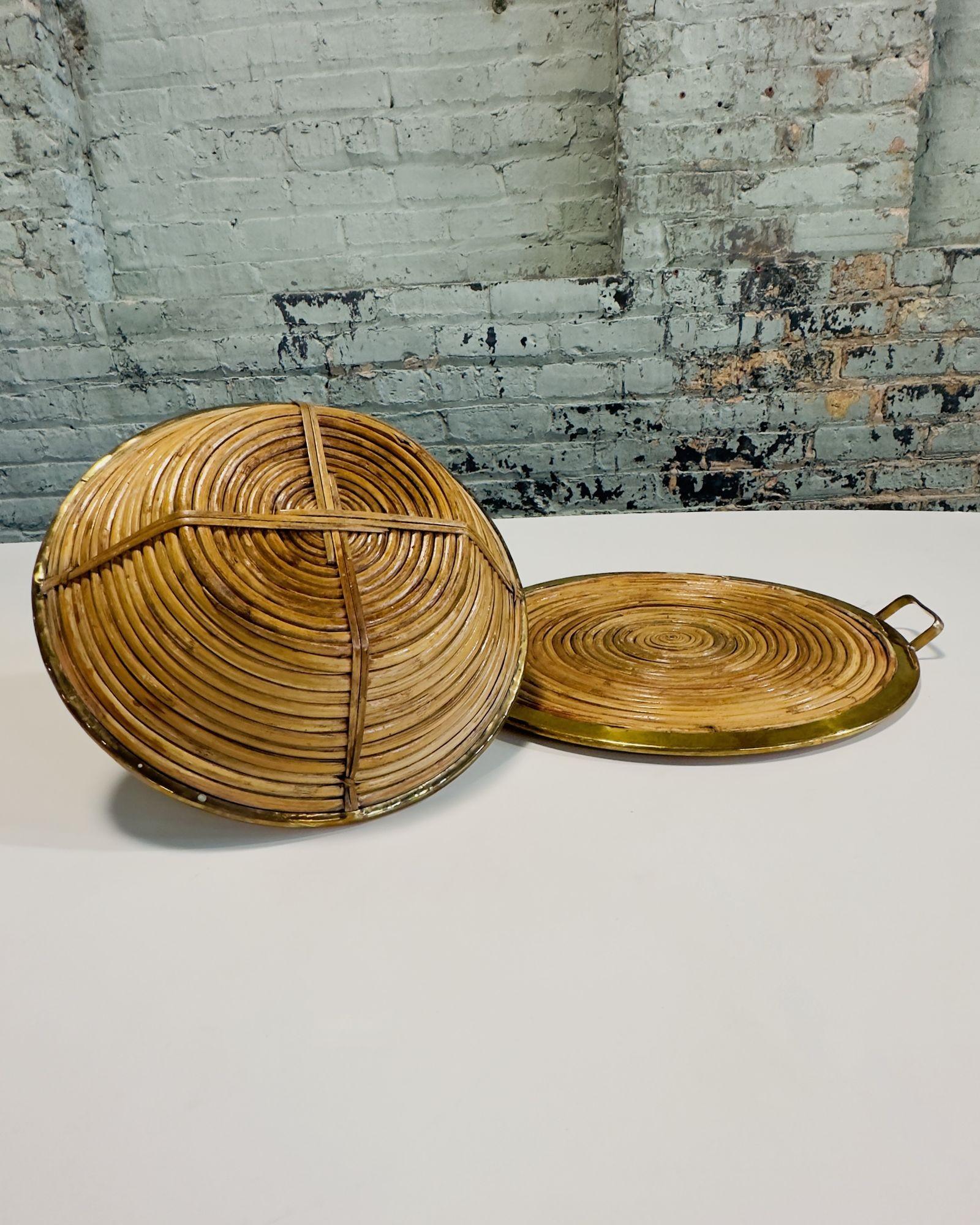 Mid-Century Modern Rattan Brass Tray and Bowl, Italy 1970 For Sale