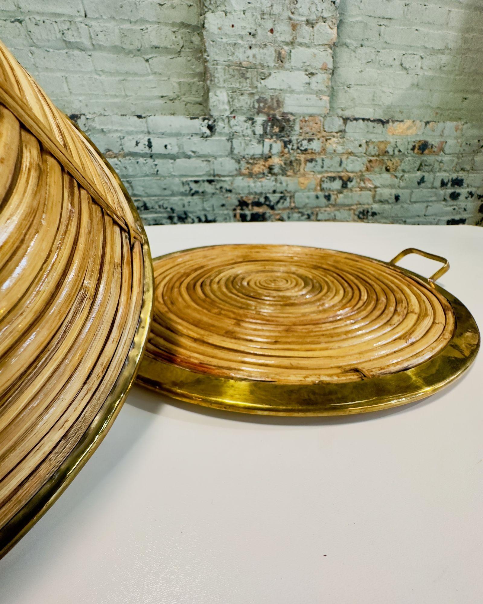 Italian Rattan Brass Tray and Bowl, Italy 1970 For Sale