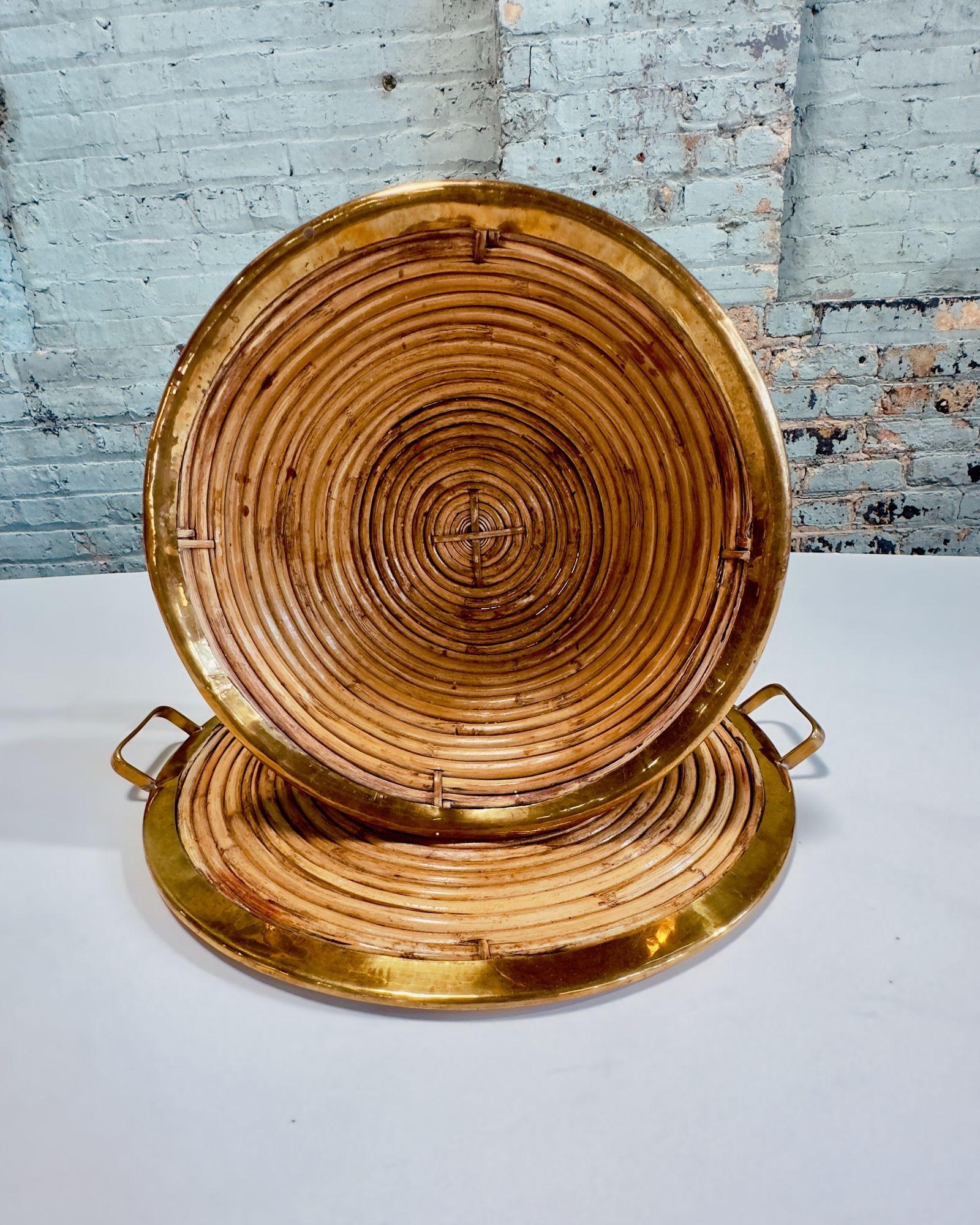 Rattan Brass Tray and Bowl, Italy 1970 In Good Condition For Sale In Chicago, IL