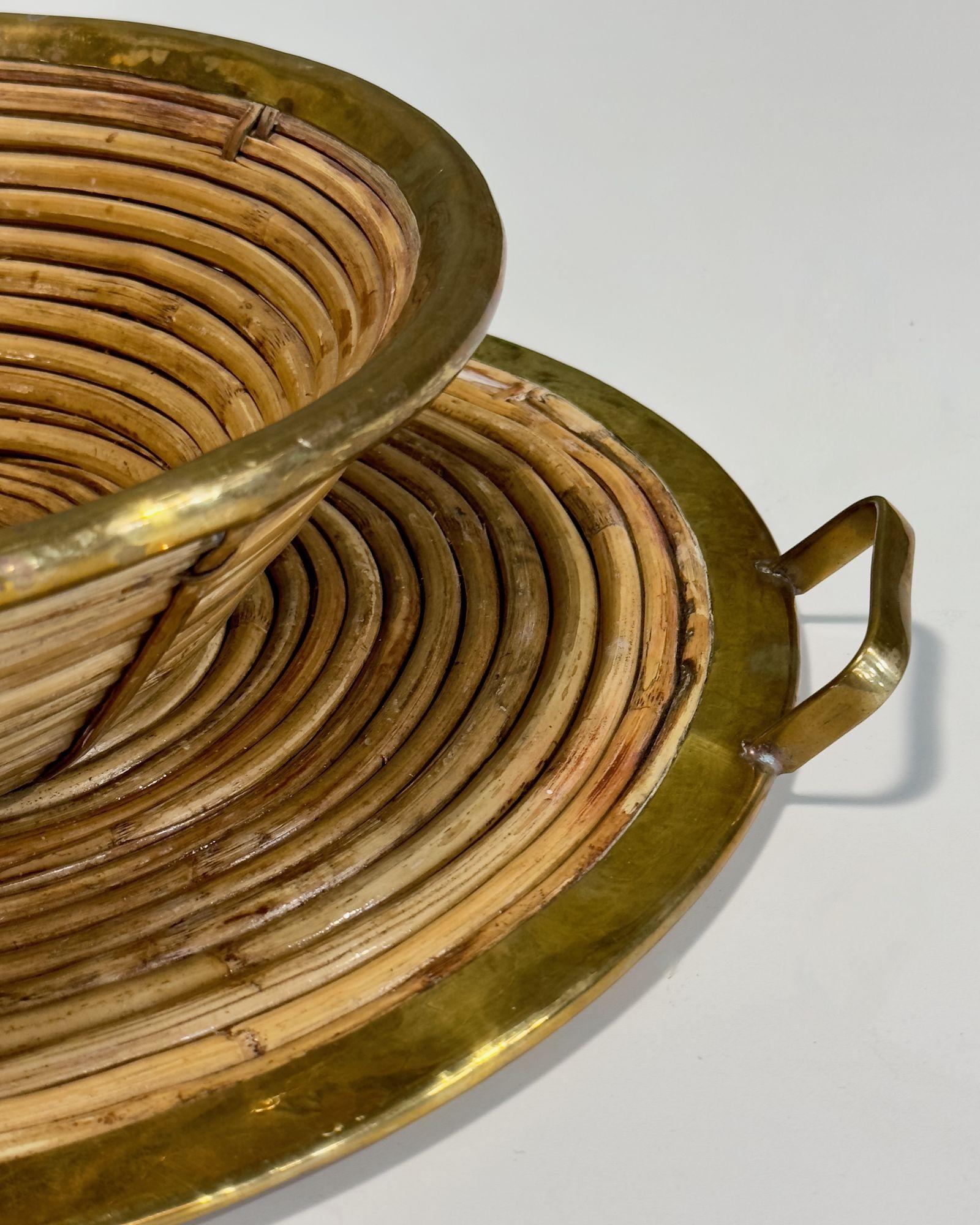 Rattan Brass Tray and Bowl, Italy 1970 For Sale 1