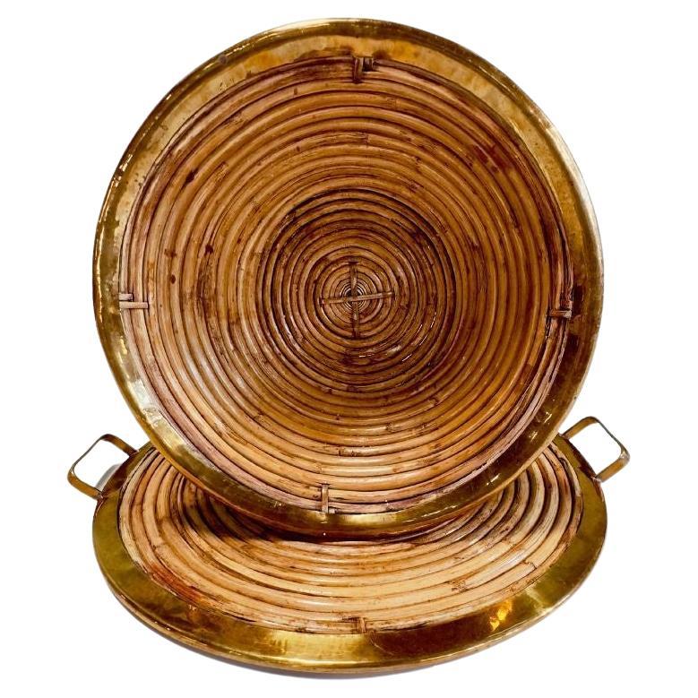 Rattan Brass Tray and Bowl, Italy 1970 For Sale