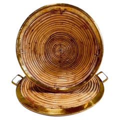 Rattan Brass Tray and Bowl, Italy 1970