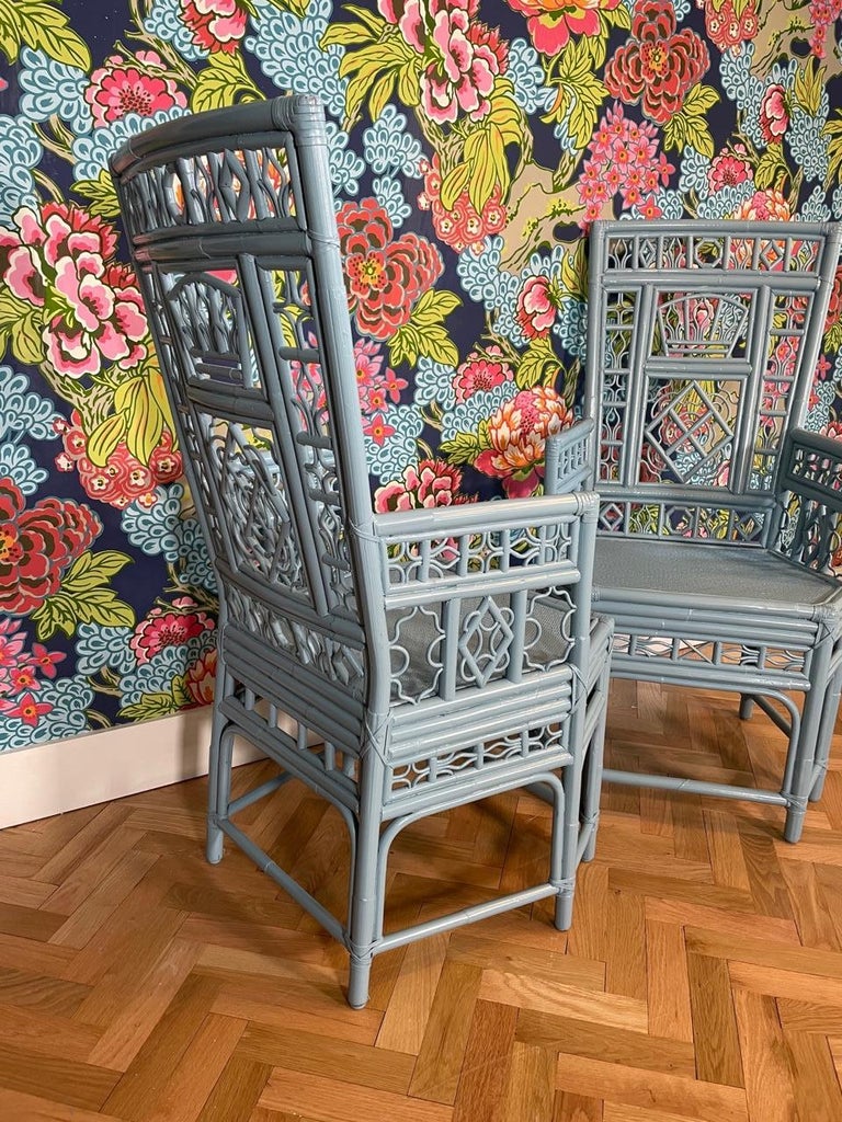 Rattan Brighton Pavilion Style High Back Arm Chairs, A Pair For Sale at