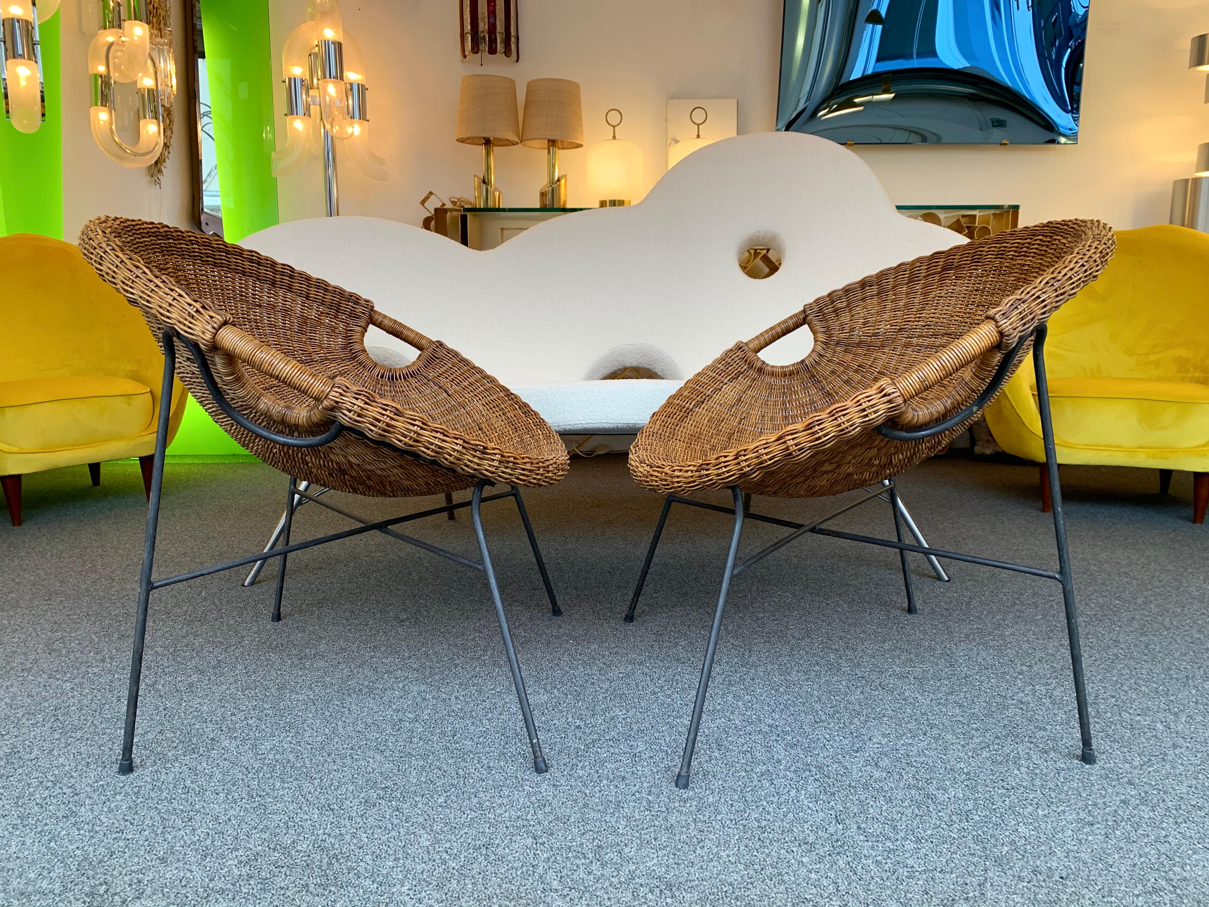 Rattan Bucket Armchairs by Roberto Mango, Italy, 1950s In Good Condition In SAINT-OUEN, FR