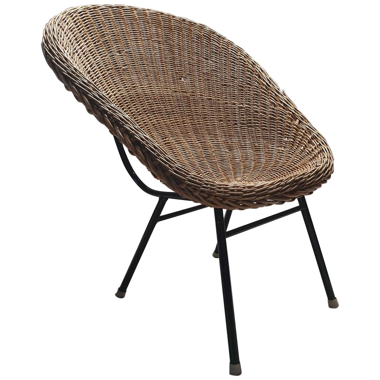 Rattan Bucket Chair with High Back by Dirk Van Sliedregt for Rohé, 1960s For Sale