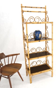 Rattan Burned Bamboo Decorative Scrolls 4 Tier Shelf Bookcase Etagere 1970s Mint
