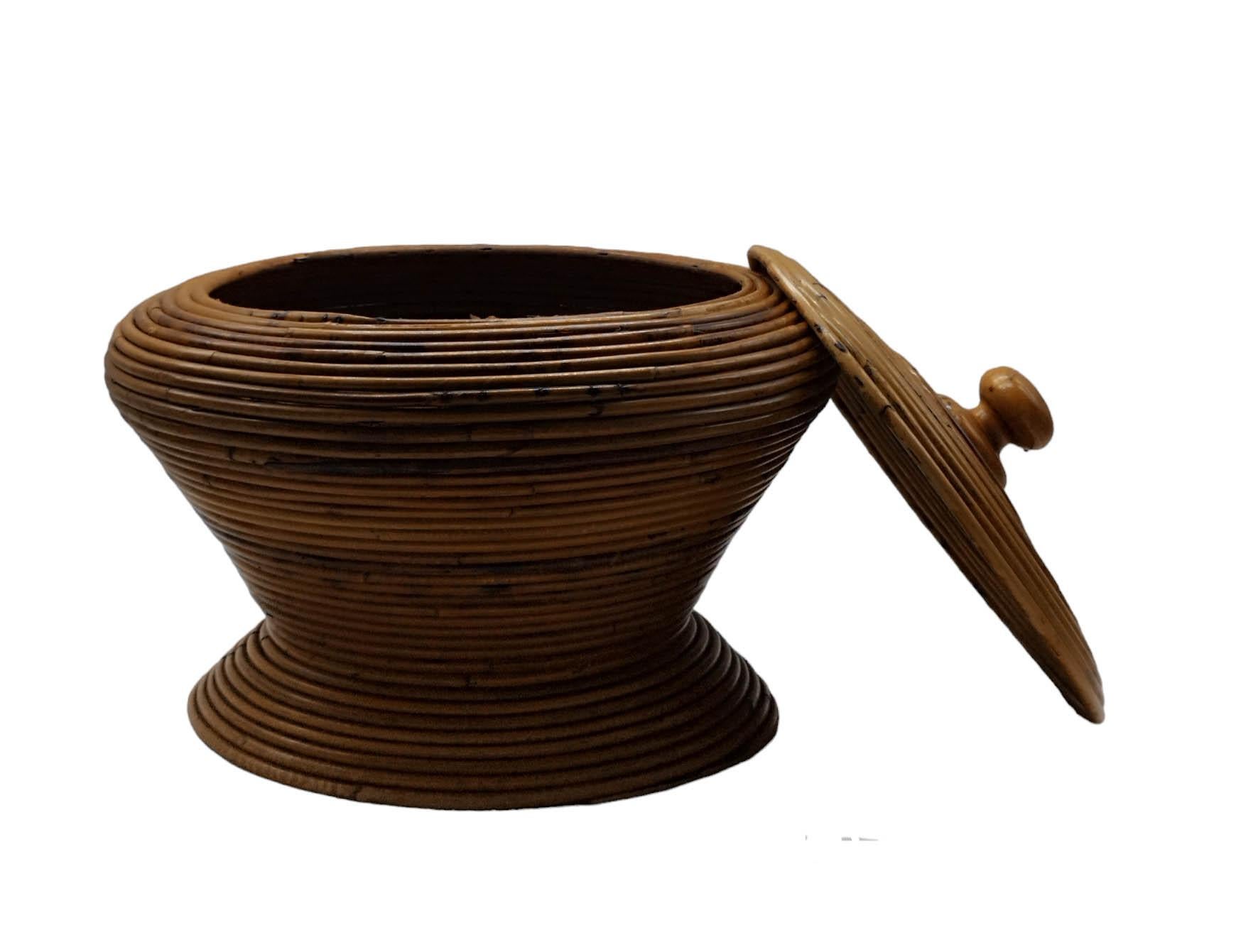 Basket with cover in rattan cane bamboo with a wooden knob, Italy, circa 1960.