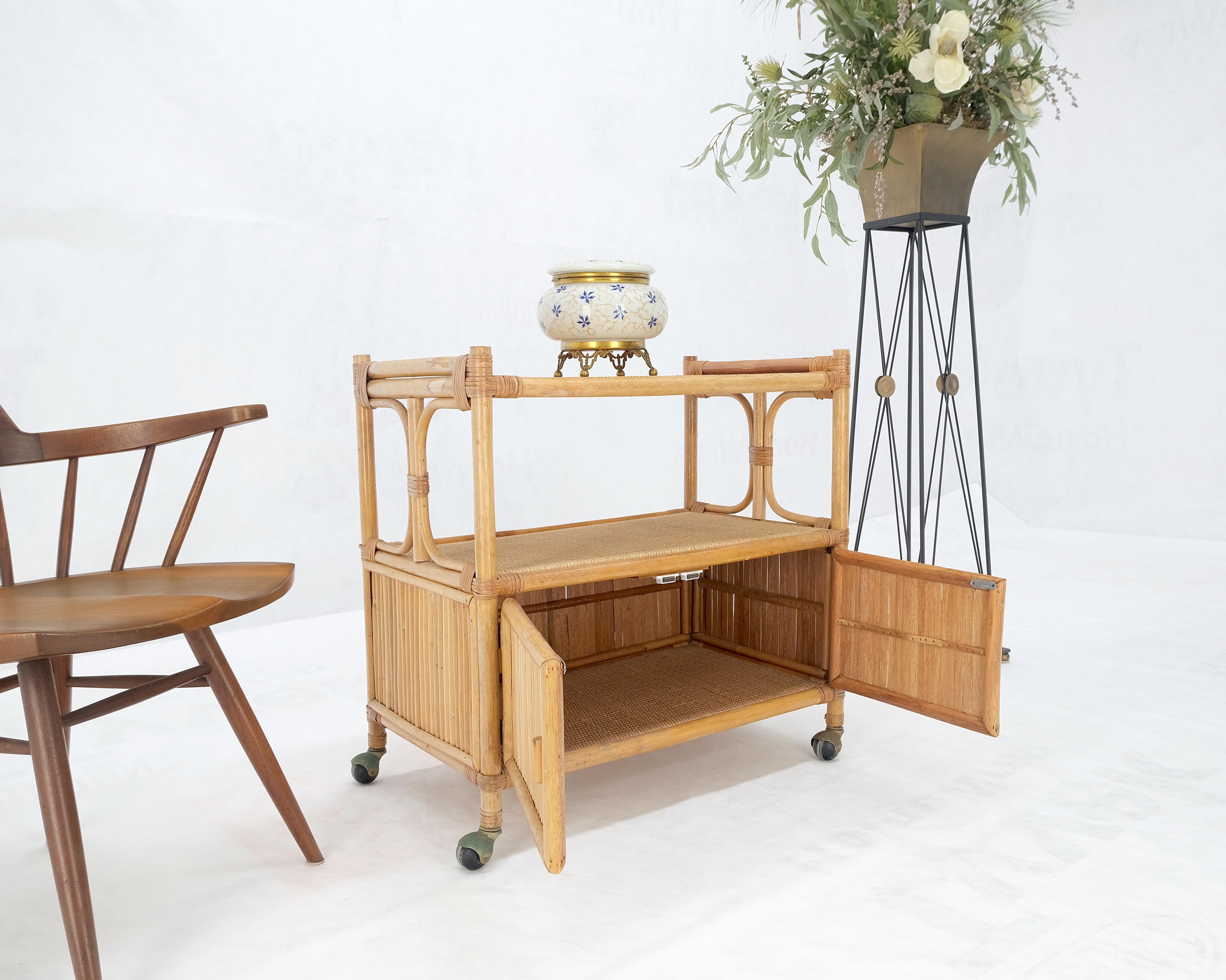 Rattan Cane Bamboo Mid Century Modern Two Doors Compartment Rolling Bar Cart  For Sale 5