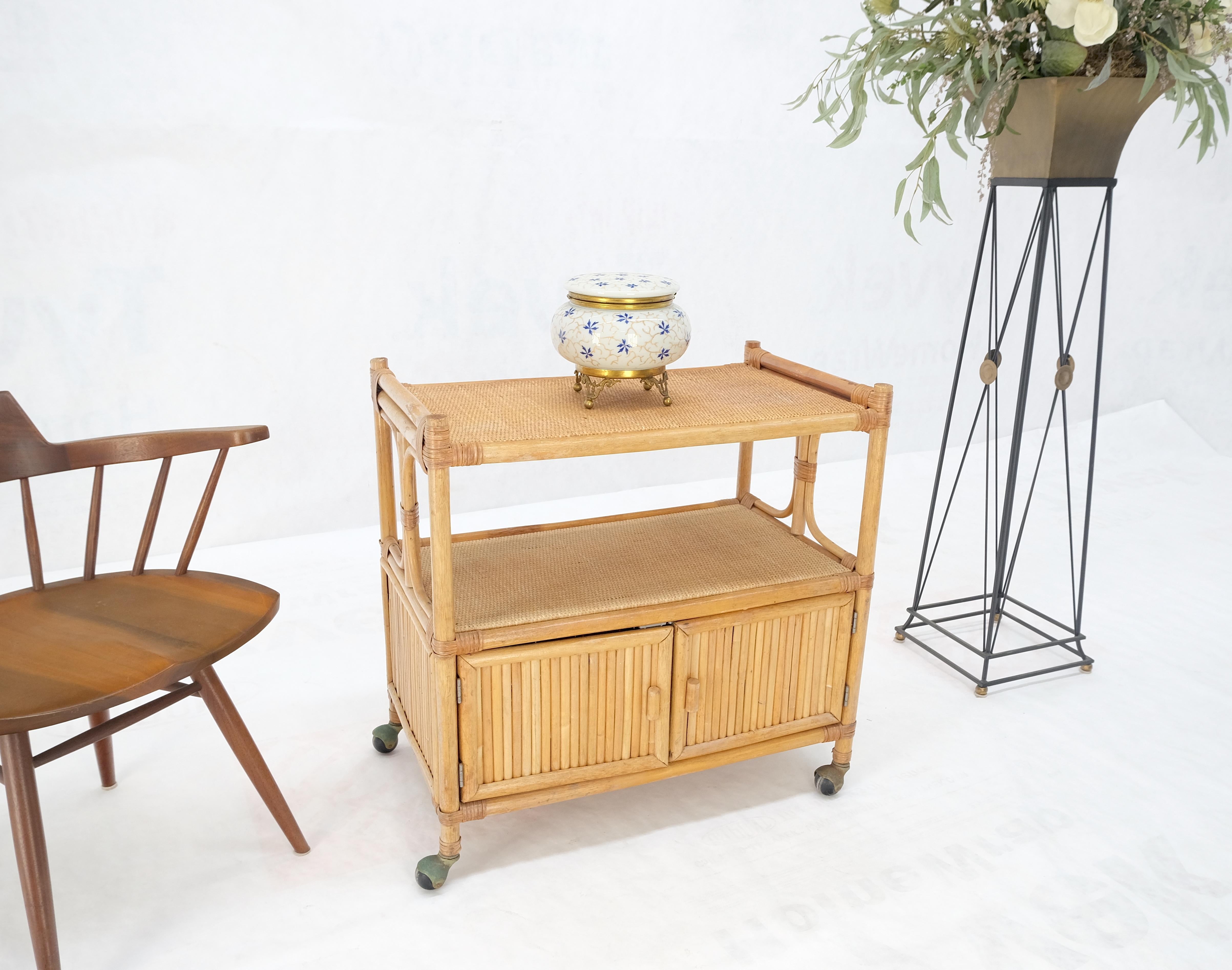 Rattan Cane Bamboo Mid Century Modern Two Doors Compartment Rolling Bar Cart  For Sale 6