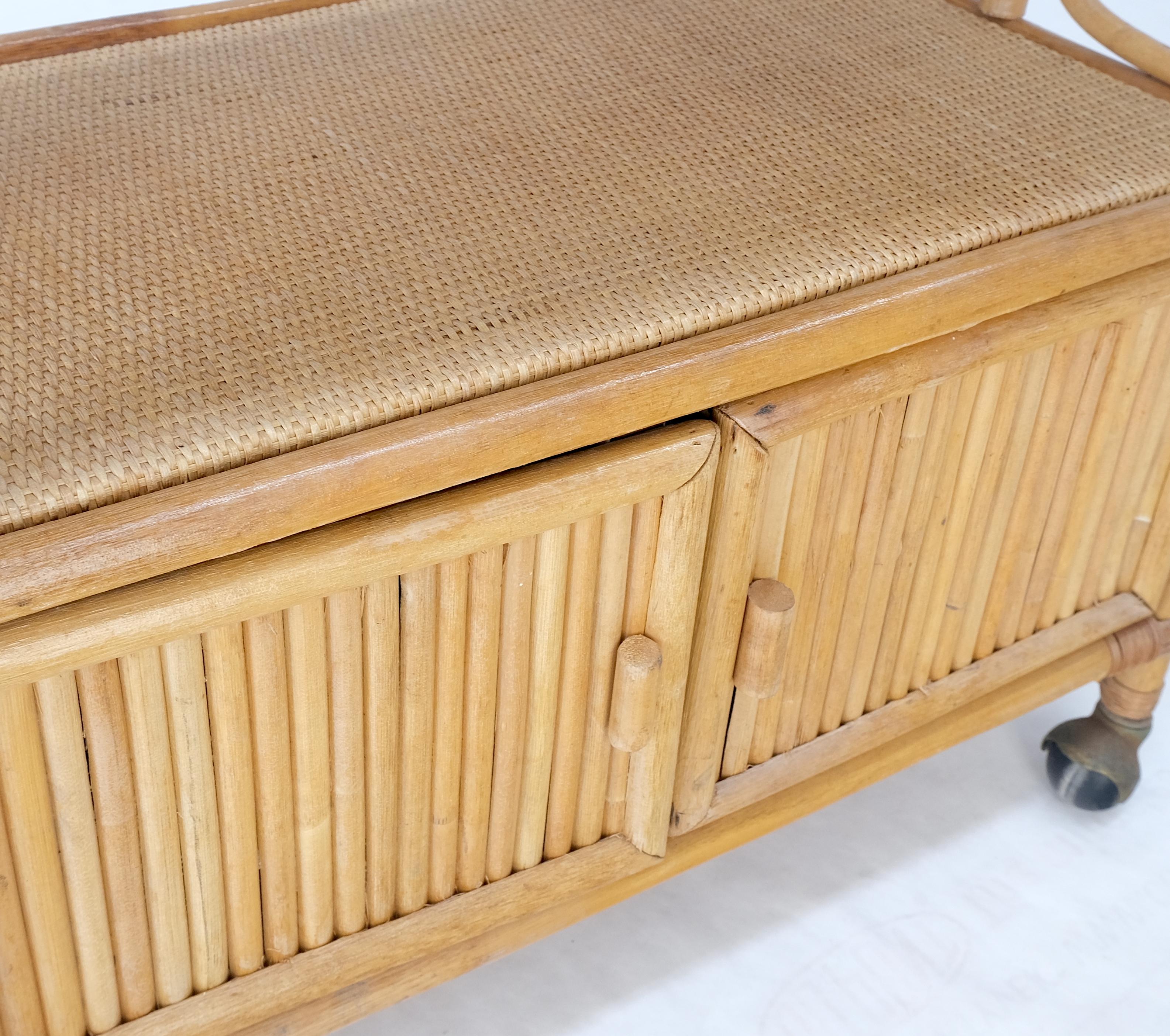 Mid-Century Modern Rattan Cane Bamboo Mid Century Modern Two Doors Compartment Rolling Bar Cart  For Sale