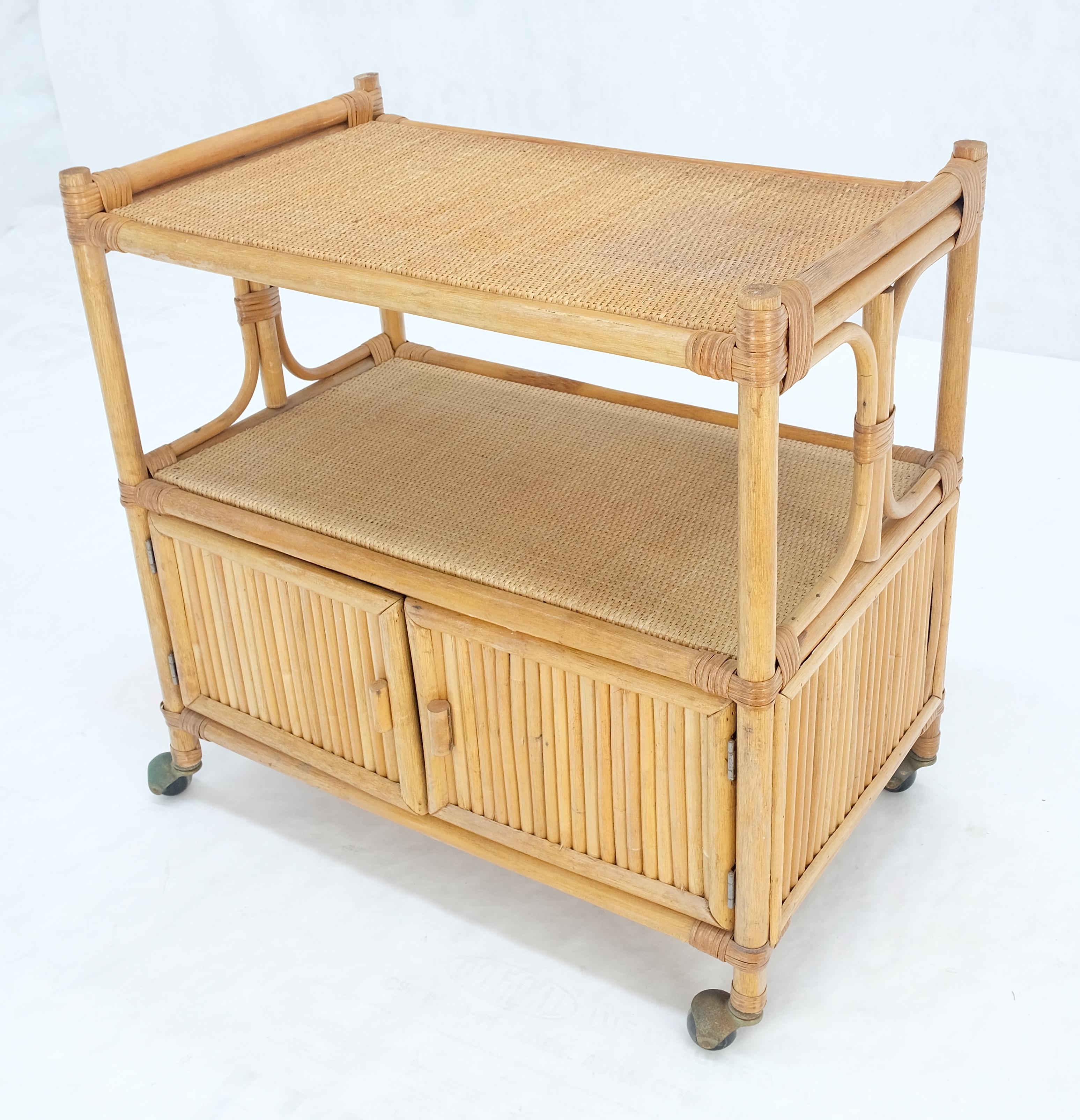 Unknown Rattan Cane Bamboo Mid Century Modern Two Doors Compartment Rolling Bar Cart  For Sale