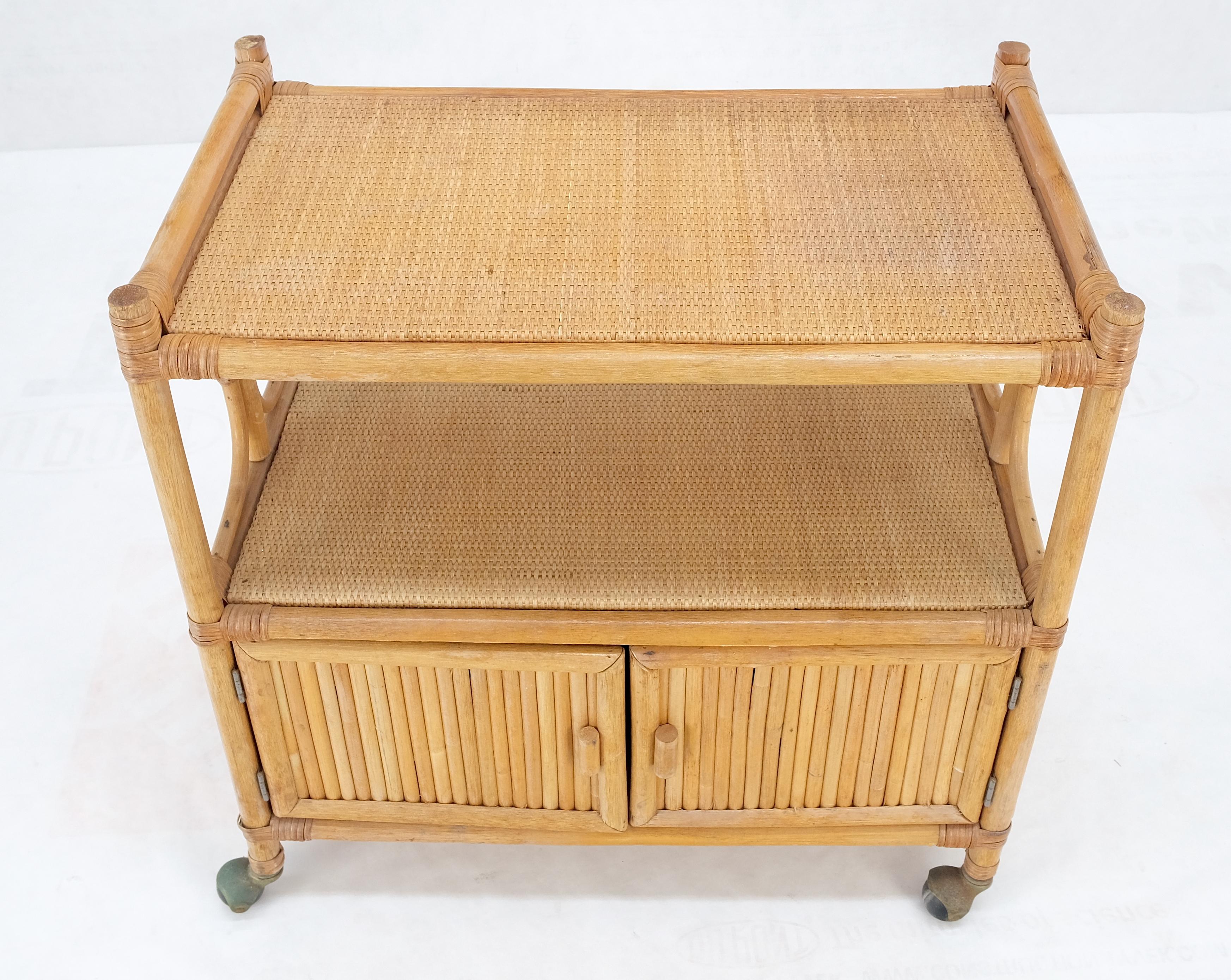 Rattan Cane Bamboo Mid Century Modern Two Doors Compartment Rolling Bar Cart  For Sale 1