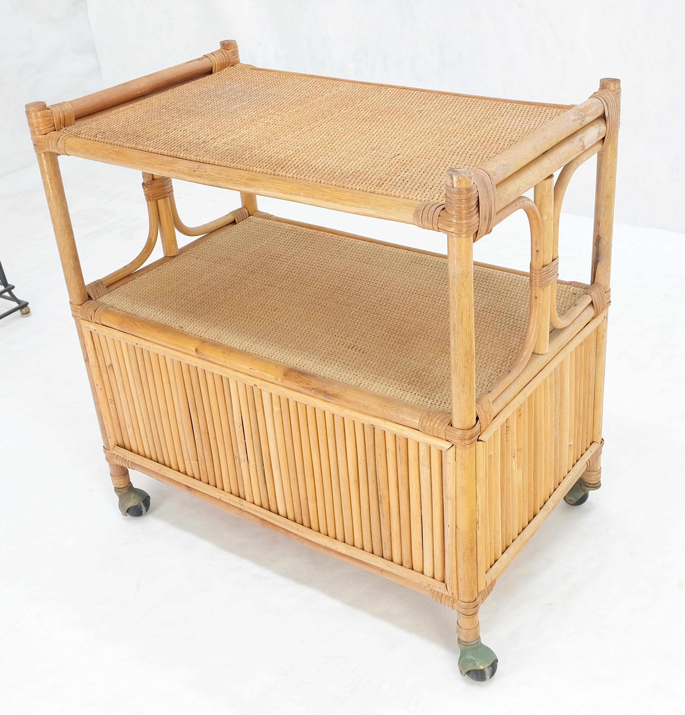 Rattan Cane Bamboo Mid Century Modern Two Doors Compartment Rolling Bar Cart  For Sale 2