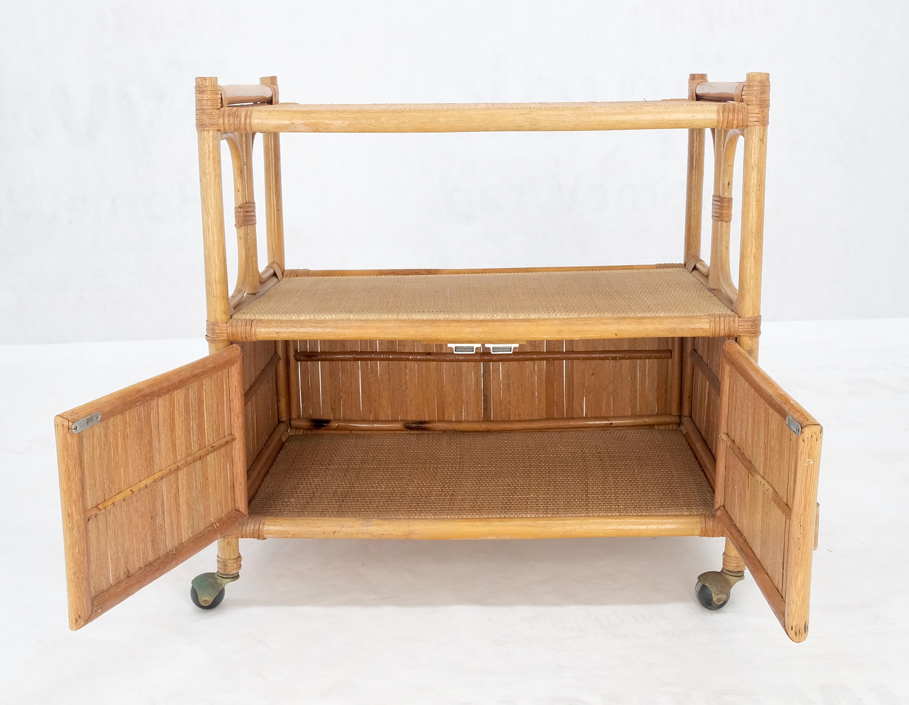 Rattan Cane Bamboo Mid Century Modern Two Doors Compartment Rolling Bar Cart  For Sale 3