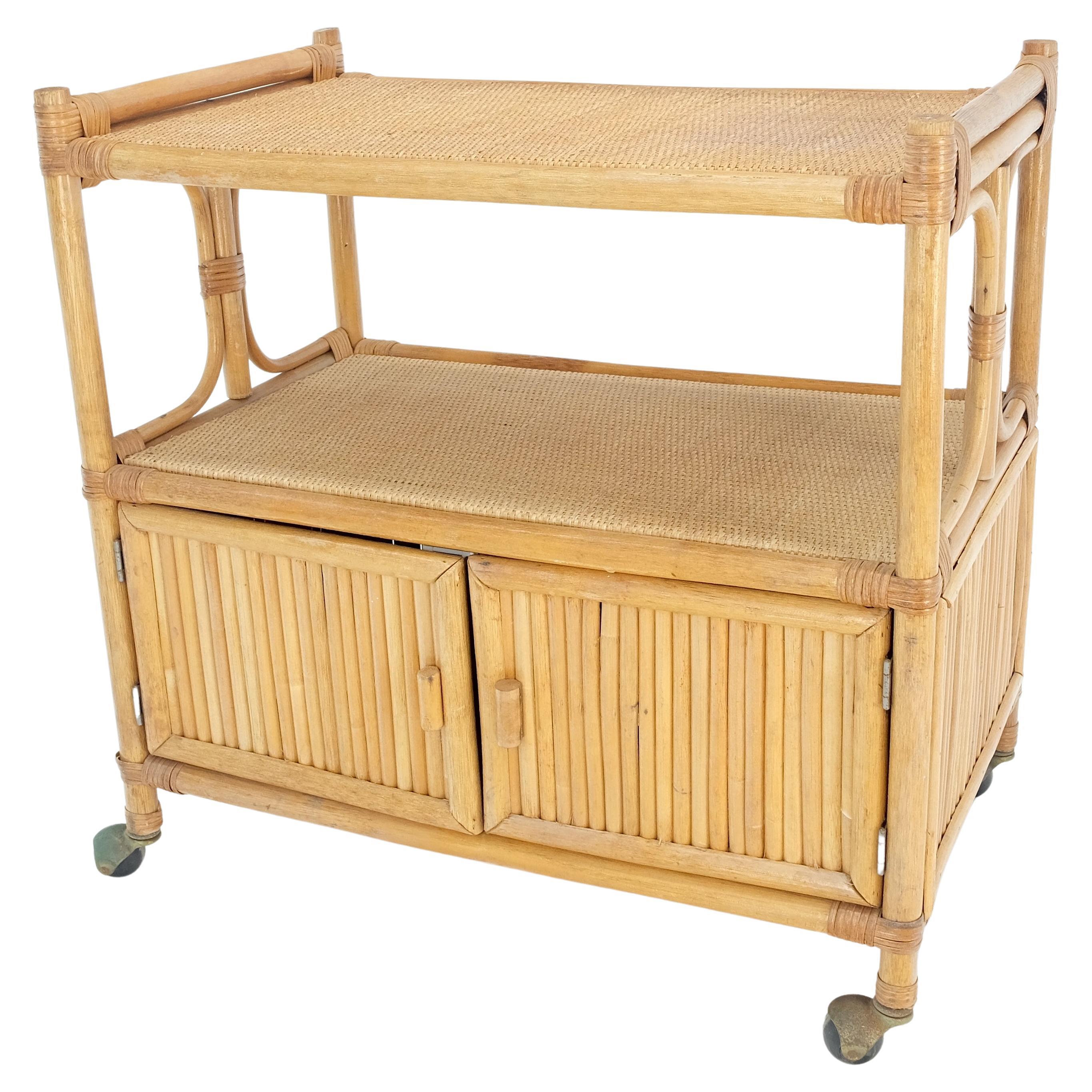 Rattan Cane Bamboo Mid Century Modern Two Doors Compartment Rolling Bar Cart  For Sale