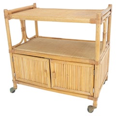 Used Rattan Cane Bamboo Mid Century Modern Two Doors Compartment Rolling Bar Cart 