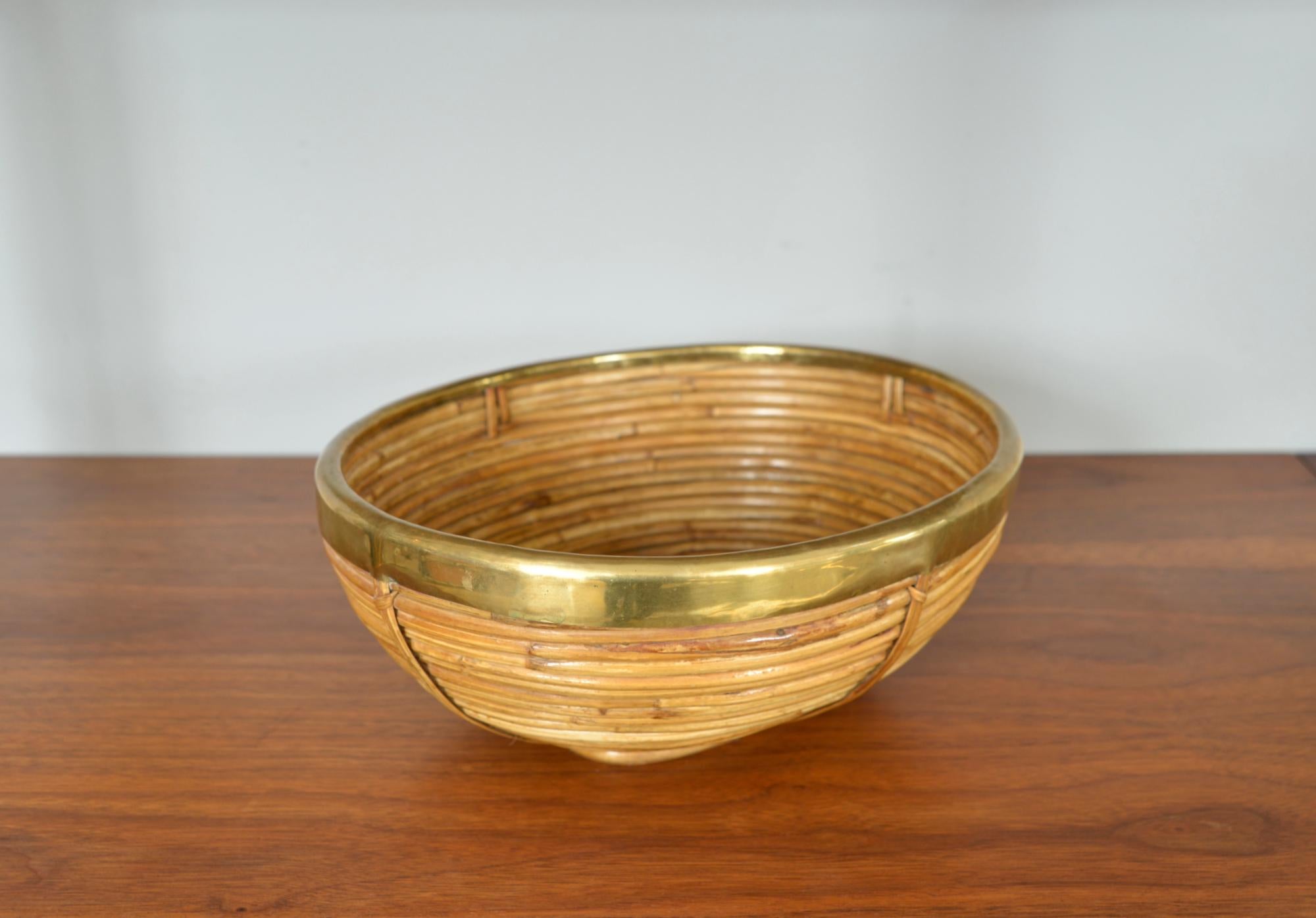 Italian 1970s Rattan Cane Brass Basket Centrepiece by Vivai del Sud Italy For Sale