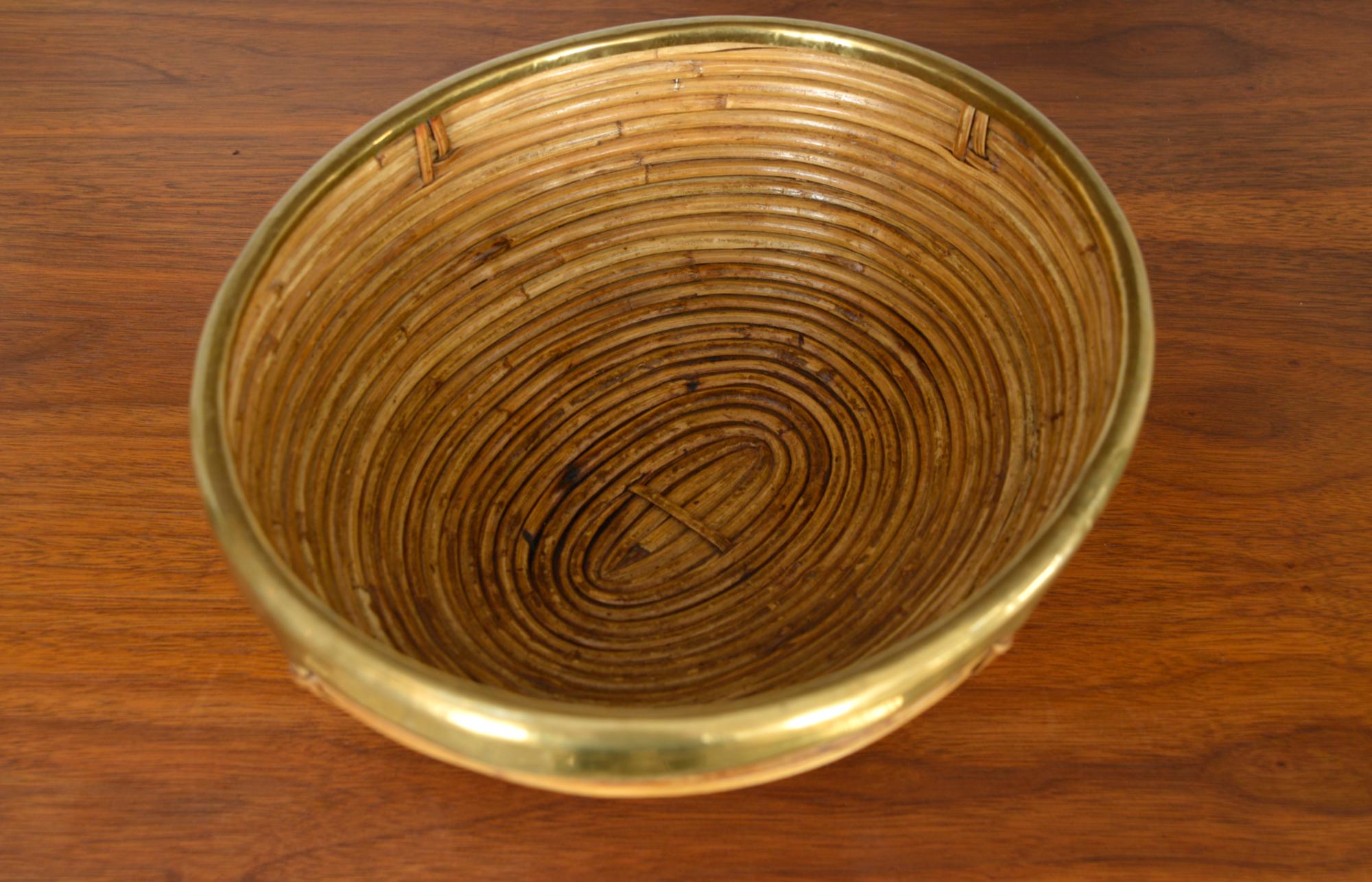 Hand-Crafted 1970s Rattan Cane Brass Basket Centrepiece by Vivai del Sud Italy For Sale